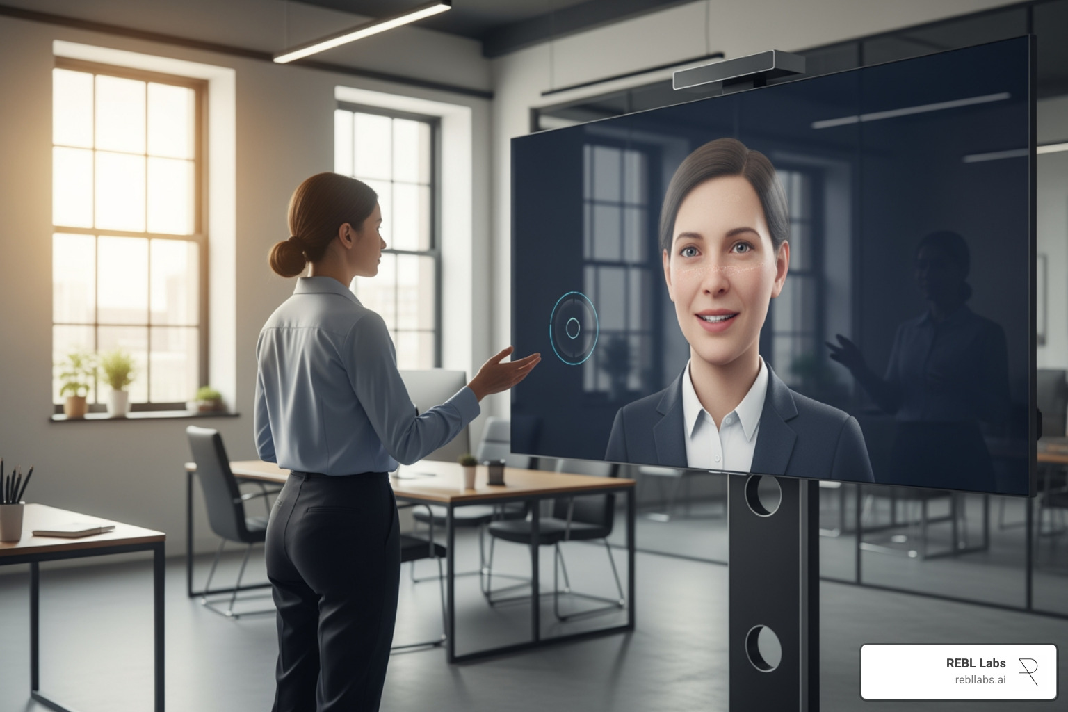 A sales representative practicing a high-stakes pitch with a life-like AI avatar that reacts to tone and objection handling in real-time - AI training for sales