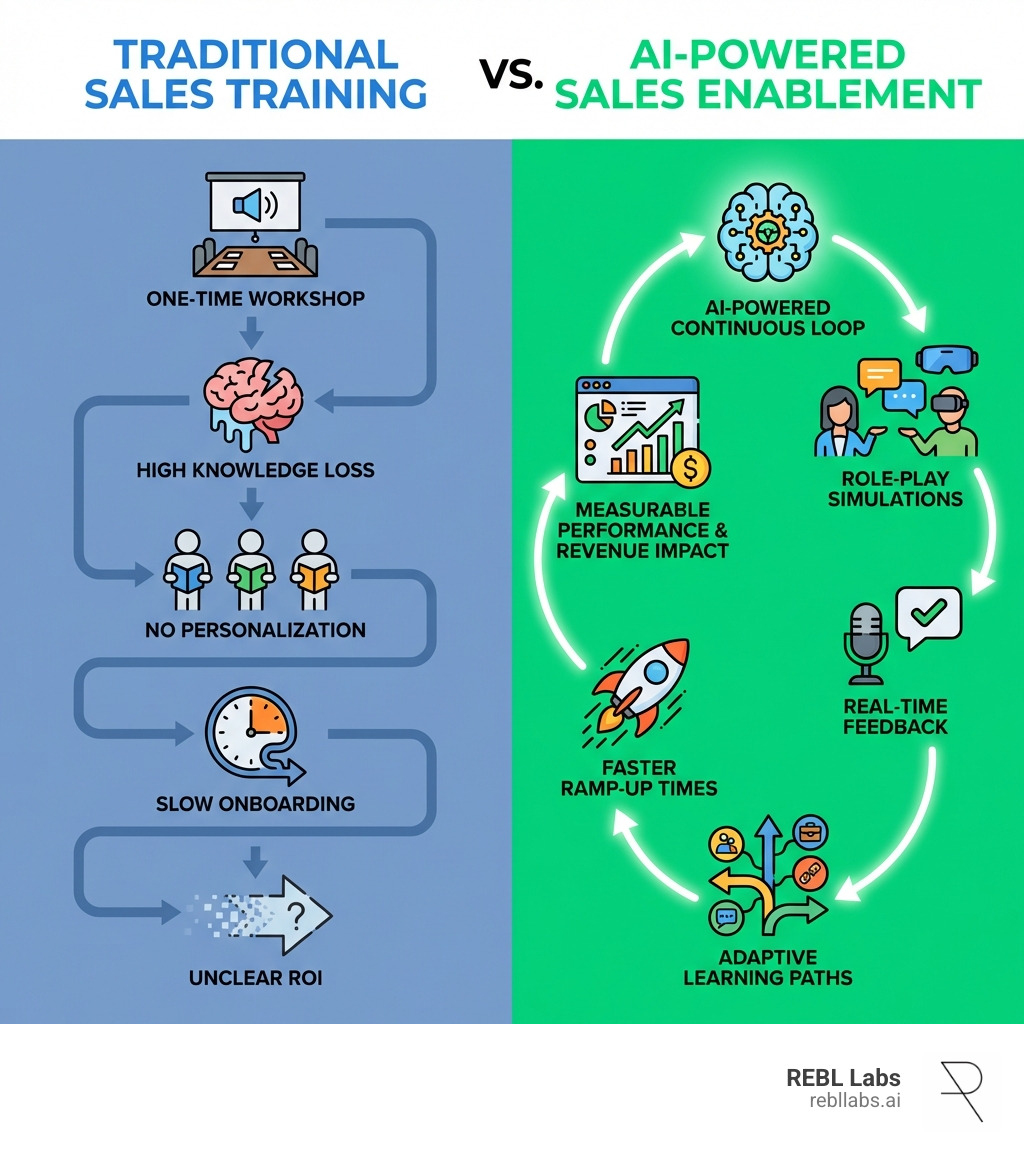 Infographic showing the difference between traditional sales training and AI-powered sales enablement: left side shows a linear one-time workshop model with high knowledge loss, no personalization, and slow onboarding; right side shows an AI-powered continuous loop with role-play simulations, real-time feedback, adaptive learning paths, faster ramp-up times, and measurable performance tracking tied to revenue outcomes - AI training for sales infographic 