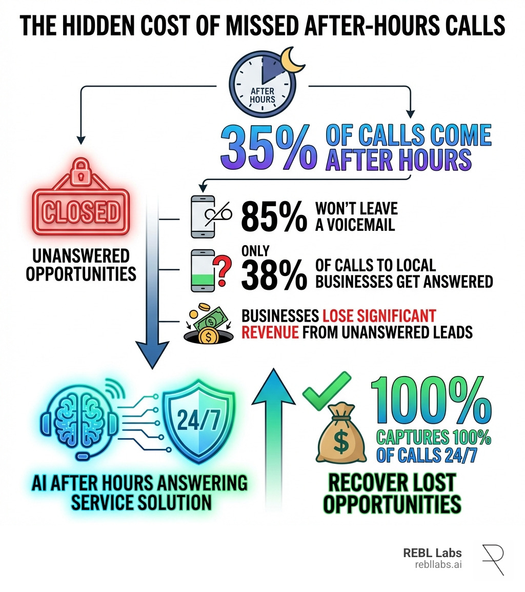 Infographic showing the hidden cost of missed after-hours calls: 35% of calls come after hours, 85% of callers won't leave a voicemail, only 38% of calls to local businesses get answered, businesses lose significant revenue from unanswered leads, and AI after hours answering services can recover these lost opportunities by capturing 100% of calls 24/7 - ai after hours answering service infographic 