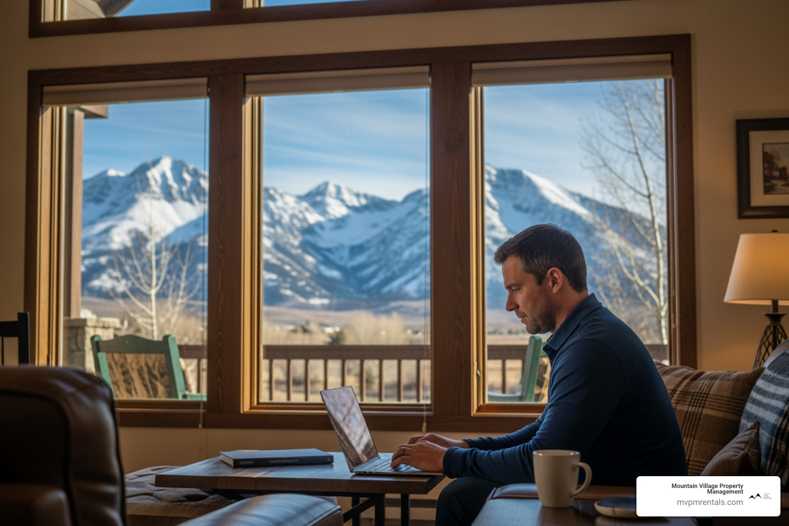 Professional working on a laptop with a view of the Bridger Mountains in Bozeman - mid term rental property management