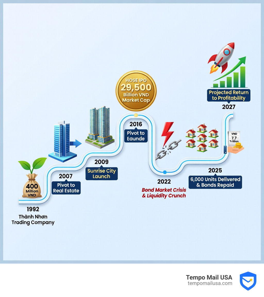 Infographic showing Novaland's timeline from 1992 founding as Thành Nhơn Trading Company with 400 million VND capital, 2007 pivot to real estate, 2009 launch of Sunrise City, 2016 HOSE IPO at 29,500 billion VND market cap, 2022 bond market crisis and liquidity crunch, 2025 completion of first restructuring phase with 6,000 units delivered and VND 7.7 trillion in bonds repaid, and 2027 projected return to profitability - novaland infographic 
