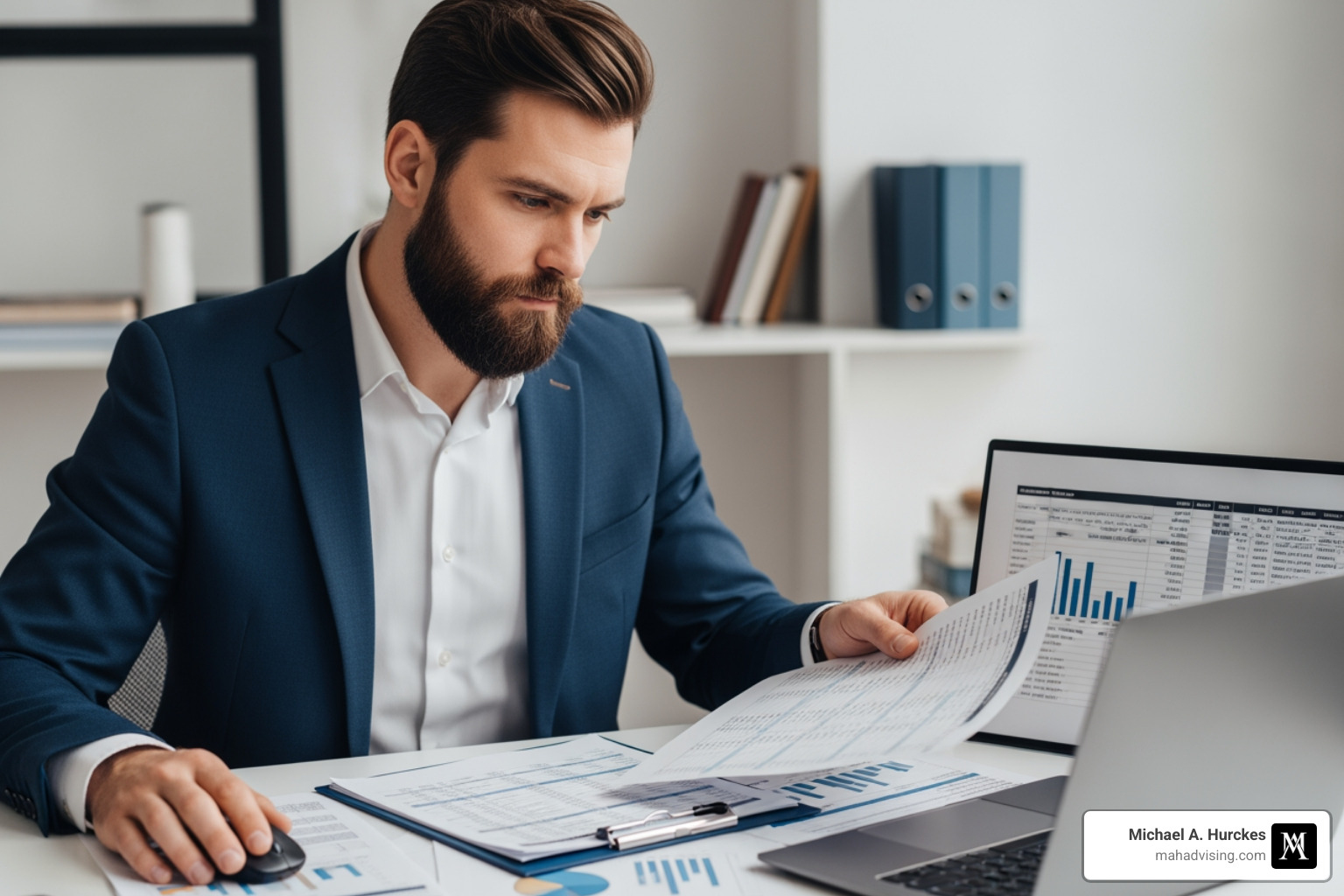 Michael Hurckes reviewing complex financial records - California LLC operating agreement Michael Hurckes reviewing complex financial records - California LLC operating agreement