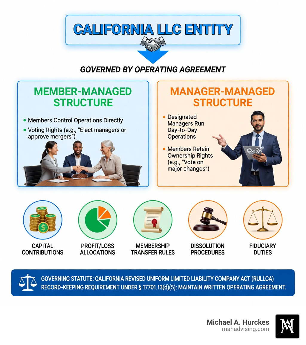Infographic showing the hierarchy of a California LLC structure: at the top is the California LLC entity governed by the operating agreement; below that are two branches — Member-Managed (members control operations directly, voting rights, profit sharing) and Manager-Managed (designated managers run day-to-day operations, members retain ownership rights); below both branches are key operating agreement components including capital contributions, profit/loss allocations, membership transfer rules, dissolution procedures, and fiduciary duties; a footer bar shows the governing statute California Revised Uniform Limited Liability Company Act (RULLCA) and the record-keeping requirement under § 17701.13(d)(5) - California LLC operating agreement infographic Infographic showing the hierarchy of a California LLC structure: at the top is the California LLC entity governed by the operating agreement; below that are two branches — Member-Managed (members control operations directly, voting rights, profit sharing) and Manager-Managed (designated managers run day-to-day operations, members retain ownership rights); below both branches are key operating agreement components including capital contributions, profit/loss allocations, membership transfer rules, dissolution procedures, and fiduciary duties; a footer bar shows the governing statute California Revised Uniform Limited Liability Company Act (RULLCA) and the record-keeping requirement under § 17701.13(d)(5) - California LLC operating agreement infographic