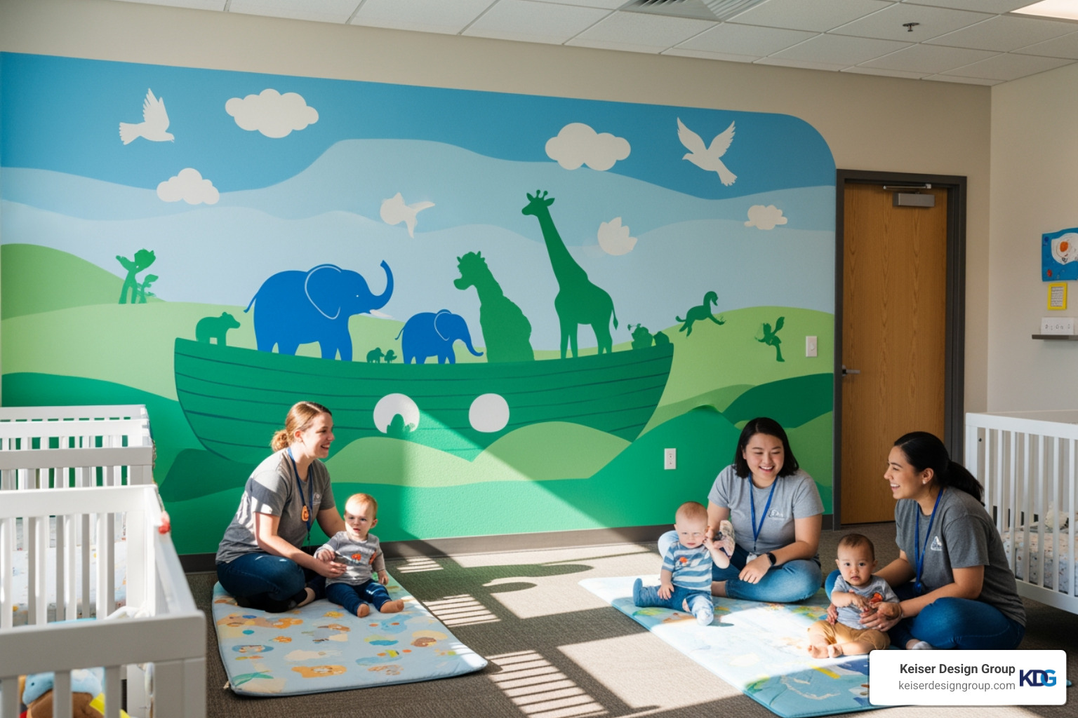 A vibrant, hand-painted wall mural in a church nursery depicting a modern "Noah's Ark" theme with soft blues and greens, featuring friendly animal silhouettes at a child's eye level - church nursery design