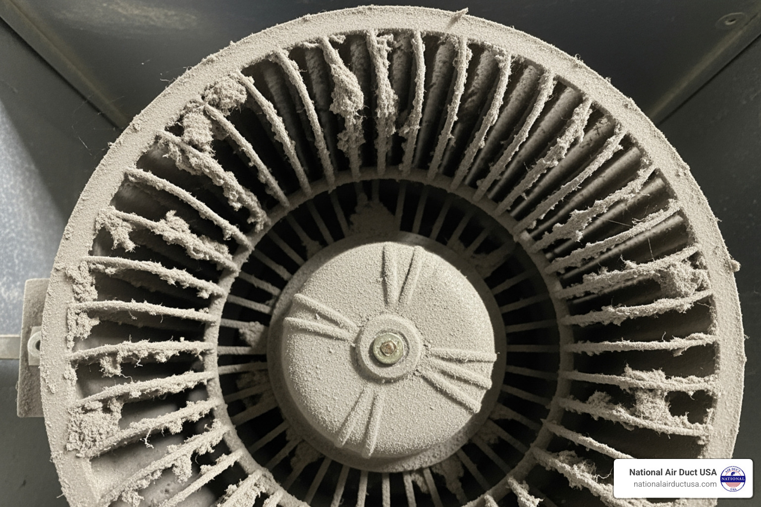 A close-up image of a dirty squirrel cage fan assembly heavily coated in grey dust and lint, showing how the curved blades are filled with debris - blower motor cleaning