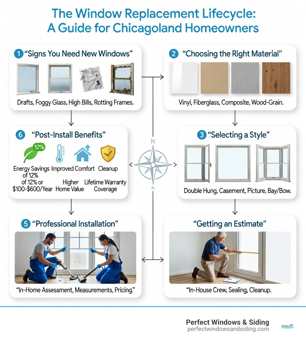 Infographic showing the window replacement lifecycle: Step 1 - Signs you need new windows (drafts, foggy glass, high bills, rotting frames); Step 2 - Choosing the right material (vinyl, fiberglass, composite, wood-grain); Step 3 - Selecting a style (double hung, casement, picture, bay/bow); Step 4 - Getting an estimate (in-home assessment, measurements, pricing); Step 5 - Professional installation (in-house crew, sealing, cleanup); Step 6 - Post-install benefits (energy savings of 12% or $100-$600/year, improved comfort, higher home value, lifetime warranty coverage) - Chicagoland window installation infographic Infographic showing the window replacement lifecycle: Step 1 - Signs you need new windows (drafts, foggy glass, high bills, rotting frames); Step 2 - Choosing the right material (vinyl, fiberglass, composite, wood-grain); Step 3 - Selecting a style (double hung, casement, picture, bay/bow); Step 4 - Getting an estimate (in-home assessment, measurements, pricing); Step 5 - Professional installation (in-house crew, sealing, cleanup); Step 6 - Post-install benefits (energy savings of 12% or $100-$600/year, improved comfort, higher home value, lifetime warranty coverage) - Chicagoland window installation infographic
