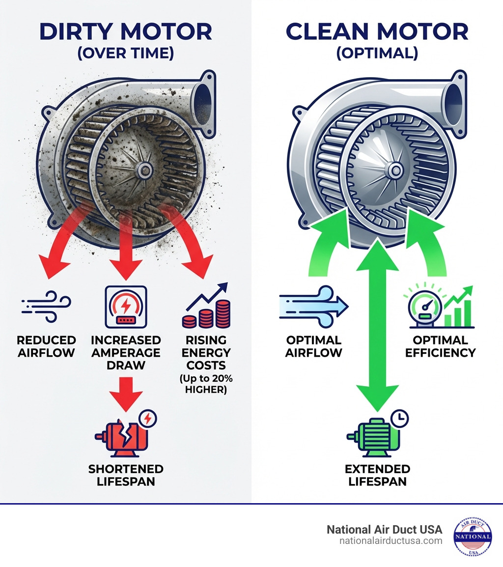 Infographic showing how dirt accumulates on blower motor fan blades over time, with arrows indicating reduced airflow, increased amperage draw, rising energy costs (up to 20%), and shortened motor lifespan — compared side by side with a clean motor showing optimal airflow and efficiency - blower motor cleaning infographic 