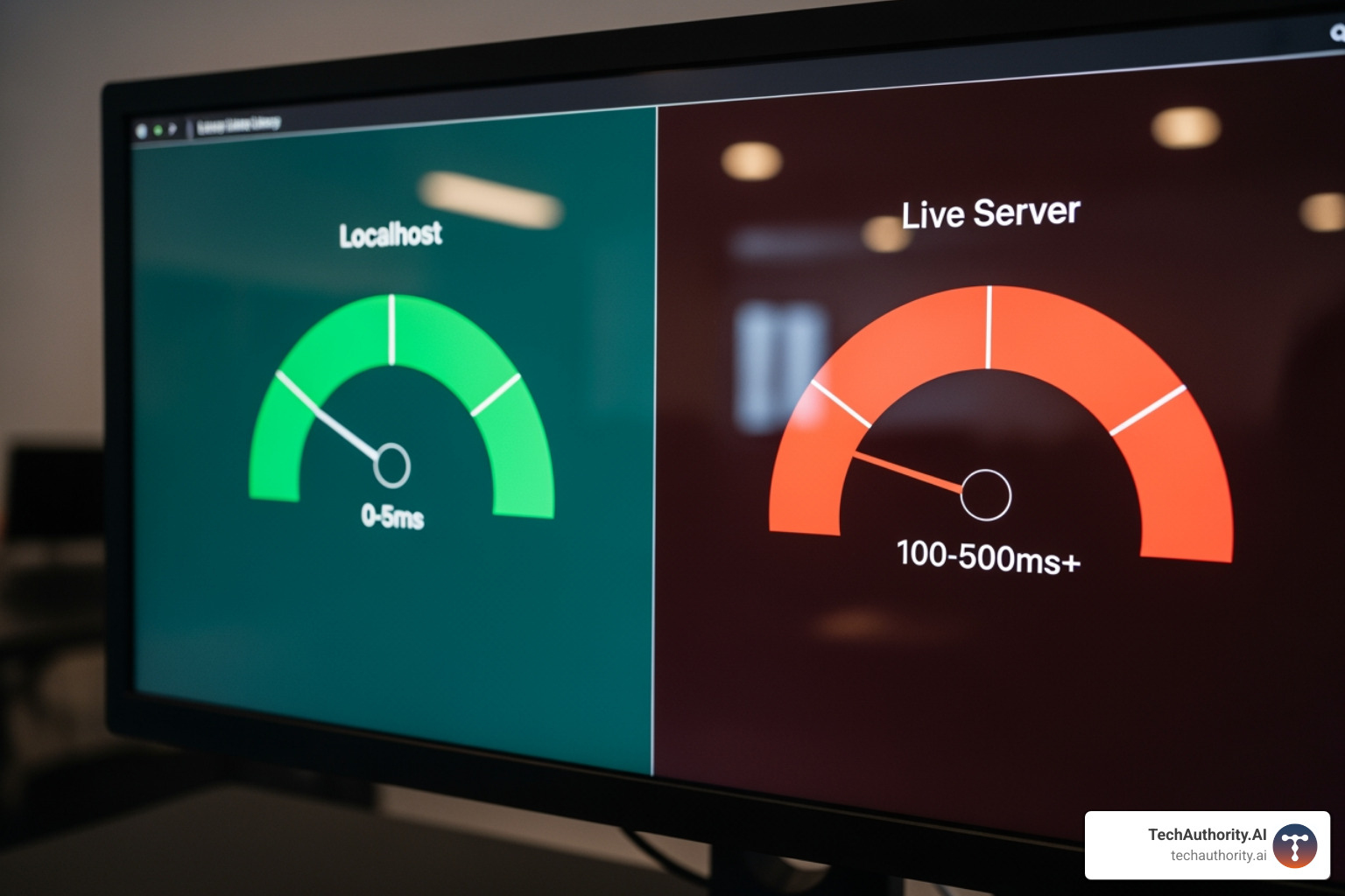 Graphic showing the difference between local and live site latency: Localhost shows 0ms-5ms response time while live servers show 100ms-500ms+ depending on connection - local wordpress development tool