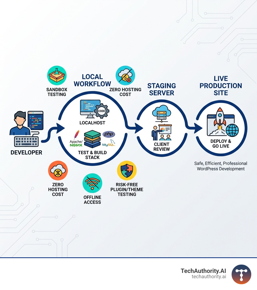 Infographic showing the local WordPress development workflow: Developer codes locally on localhost → tests in local environment with Apache/NGINX/PHP/MySQL stack → pushes to staging server for client review → deploys to live production site; includes icons for sandbox testing, zero hosting cost, offline access, and risk-free plugin/theme testing - local wordpress development tool infographic 