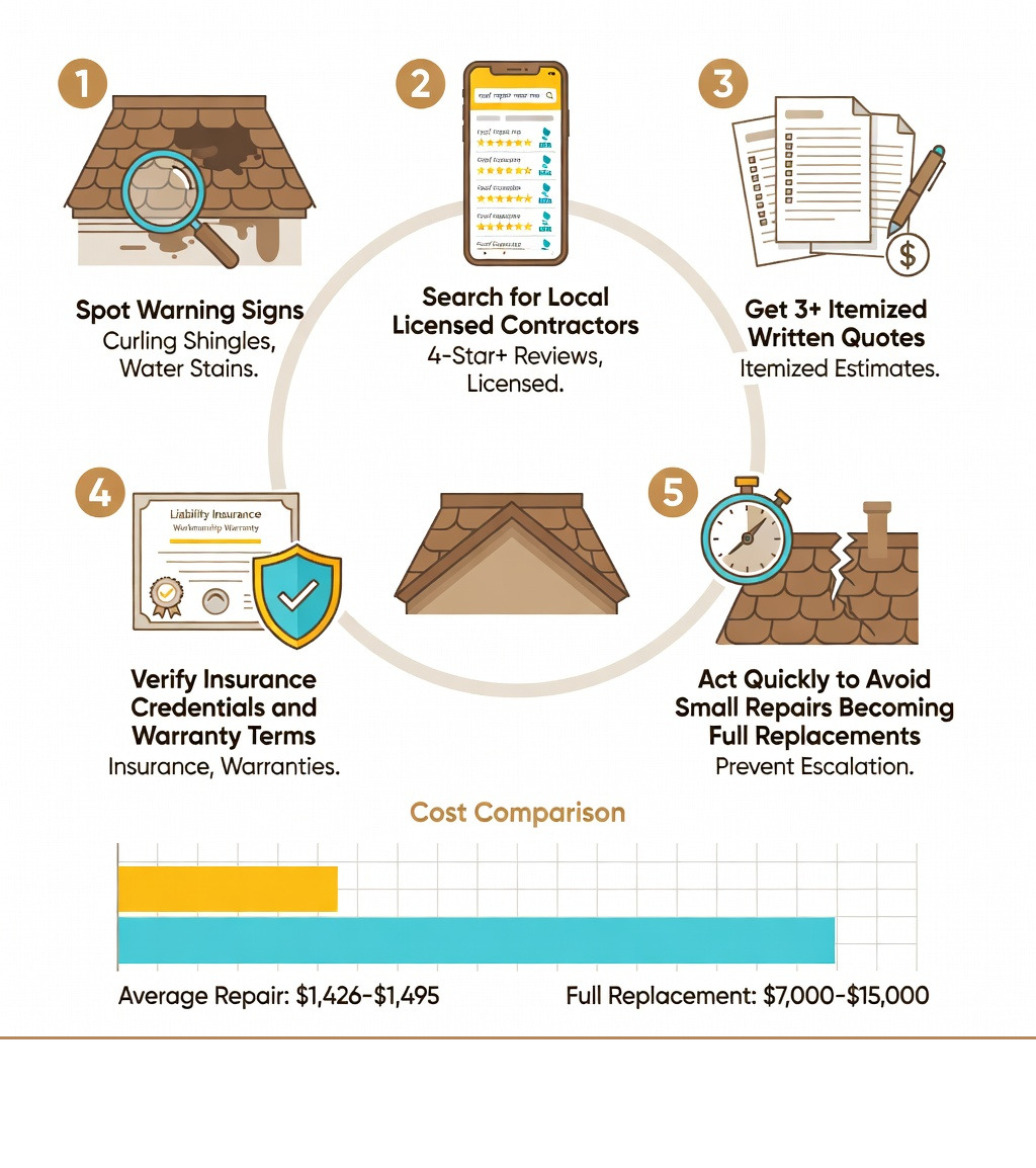 Infographic showing 5 steps to find affordable roof repair near you: 1) Spot warning signs like curling shingles and water stains, 2) Search for local licensed contractors with 4-star+ reviews, 3) Get 3 or more itemized written quotes, 4) Verify insurance credentials and warranty terms, 5) Act quickly to avoid small repairs becoming full replacements — with cost comparison bar showing average repair at $1,426–$1,495 vs. full replacement at $7,000–$15,000 - affordable roof repair near me infographic Infographic showing 5 steps to find affordable roof repair near you: 1) Spot warning signs like curling shingles and water stains, 2) Search for local licensed contractors with 4-star+ reviews, 3) Get 3 or more itemized written quotes, 4) Verify insurance credentials and warranty terms, 5) Act quickly to avoid small repairs becoming full replacements — with cost comparison bar showing average repair at $1,426–$1,495 vs. full replacement at $7,000–$15,000 - affordable roof repair near me infographic