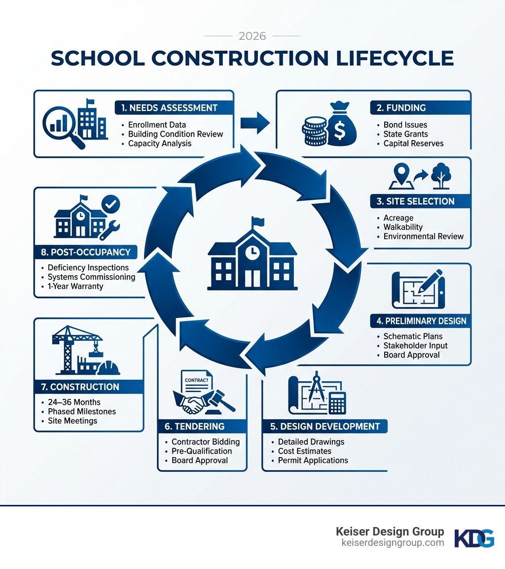Infographic showing the school construction lifecycle: Step 1 - Needs Assessment (enrollment data, building condition review, capacity analysis); Step 2 - Funding (bond issues, state grants, capital reserves); Step 3 - Site Selection (acreage, walkability, environmental review); Step 4 - Preliminary Design (schematic plans, stakeholder input, board approval); Step 5 - Design Development (detailed drawings, cost estimates, permit applications); Step 6 - Tendering (contractor bidding, pre-qualification, board approval); Step 7 - Construction (24–36 months, phased milestones, site meetings); Step 8 - Post-Occupancy (deficiency inspections, systems commissioning, 1-year warranty) - building new schools infographic Infographic showing the school construction lifecycle: Step 1 - Needs Assessment (enrollment data, building condition review, capacity analysis); Step 2 - Funding (bond issues, state grants, capital reserves); Step 3 - Site Selection (acreage, walkability, environmental review); Step 4 - Preliminary Design (schematic plans, stakeholder input, board approval); Step 5 - Design Development (detailed drawings, cost estimates, permit applications); Step 6 - Tendering (contractor bidding, pre-qualification, board approval); Step 7 - Construction (24–36 months, phased milestones, site meetings); Step 8 - Post-Occupancy (deficiency inspections, systems commissioning, 1-year warranty) - building new schools infographic