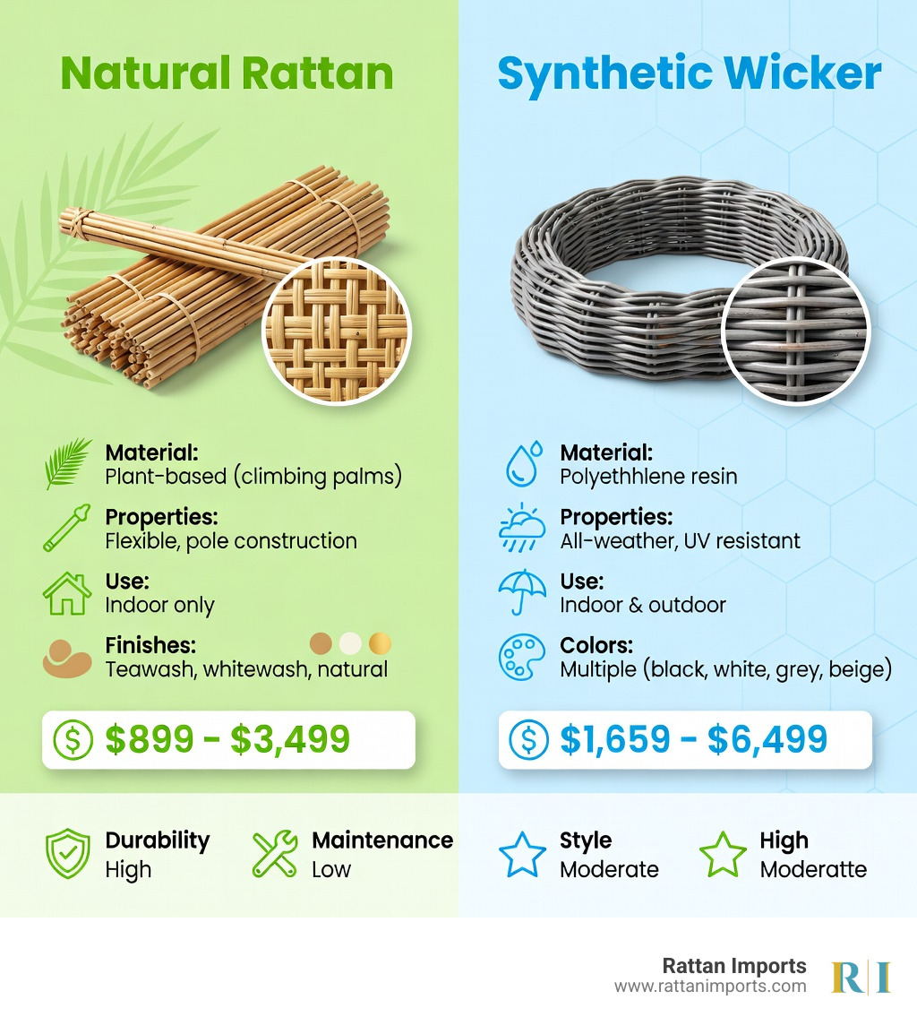 Infographic comparing natural rattan vs synthetic wicker for dining room sets: side-by-side comparison showing natural rattan properties (plant-based, flexible, pole construction, indoor use only, teawash/whitewash/natural finishes, price range $899-$3,499) versus synthetic wicker properties (polyethylene resin, all-weather, UV resistant, indoor and outdoor use, multiple color options, price range $1,659-$6,499), with icons for durability, maintenance, and style ratings for each material type - rattan dining room set infographic 