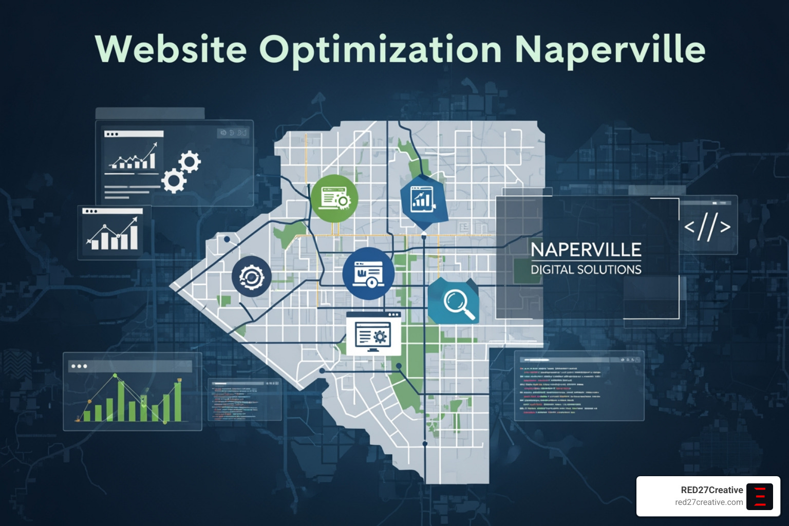 Website performance dashboard showing key metrics like traffic, bounce rate, and conversion goals - Website optimization Naperville Website performance dashboard showing key metrics like traffic, bounce rate, and conversion goals - Website optimization Naperville