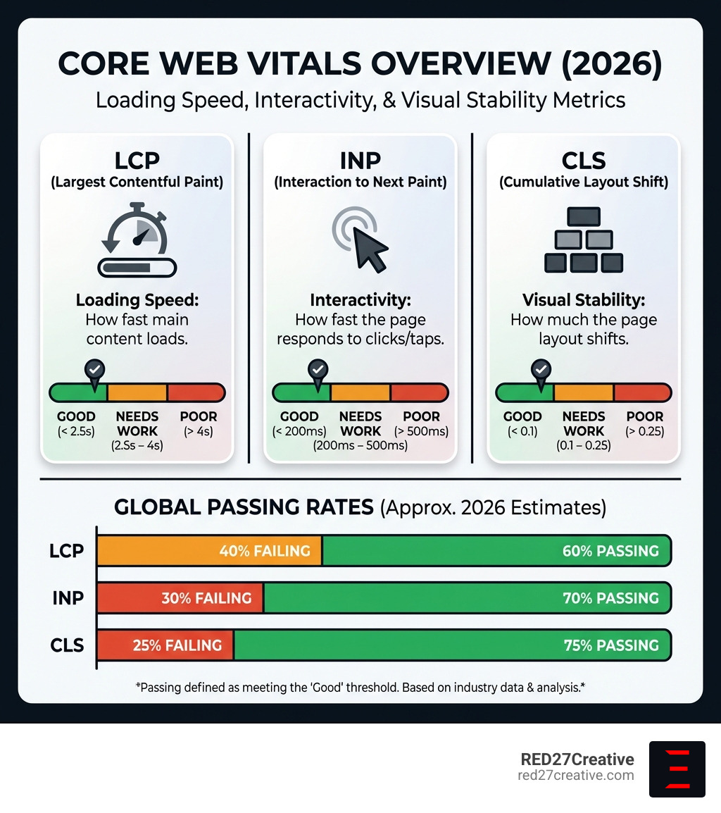 Infographic showing LCP, INP, and CLS Core Web Vitals metrics with their good, needs improvement, and poor score thresholds, icons representing loading speed, interactivity, and visual stability, and a horizontal bar chart comparing the percentage of websites currently passing each metric - Core web vitals optimization infographic Infographic showing LCP, INP, and CLS Core Web Vitals metrics with their good, needs improvement, and poor score thresholds, icons representing loading speed, interactivity, and visual stability, and a horizontal bar chart comparing the percentage of websites currently passing each metric - Core web vitals optimization infographic