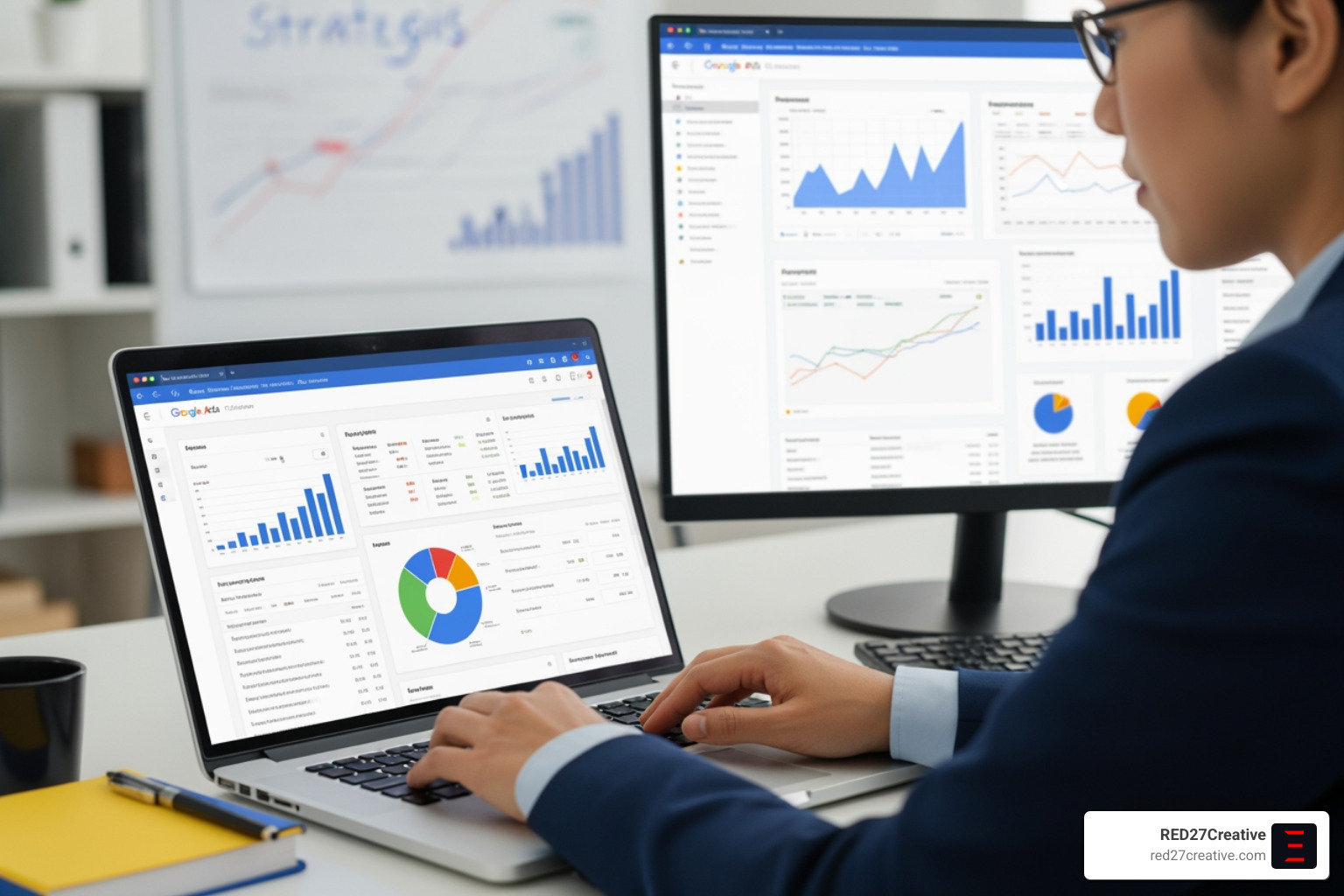 A sleek, modern digital marketing dashboard displayed on a high-resolution monitor; the screen shows a central A sleek, modern digital marketing dashboard displayed on a high-resolution monitor; the screen shows a central