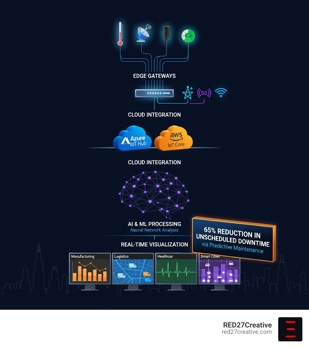 Infographic showing the Chicago IoT ecosystem: from physical sensors collecting temperature, GPS, vibration, and humidity data, flowing through edge gateways and connectivity protocols like LoRaWAN and 5G, into cloud platforms like Azure IoT Hub and AWS IoT Core, processed by AI and machine learning algorithms, and visualized in real-time dashboards for industries including manufacturing, logistics, healthcare, and smart cities, with a callout showing up to 65% reduction in unscheduled downtime through predictive maintenance - chicago iot solutions consulting infographic Infographic showing the Chicago IoT ecosystem: from physical sensors collecting temperature, GPS, vibration, and humidity data, flowing through edge gateways and connectivity protocols like LoRaWAN and 5G, into cloud platforms like Azure IoT Hub and AWS IoT Core, processed by AI and machine learning algorithms, and visualized in real-time dashboards for industries including manufacturing, logistics, healthcare, and smart cities, with a callout showing up to 65% reduction in unscheduled downtime through predictive maintenance - chicago iot solutions consulting infographic