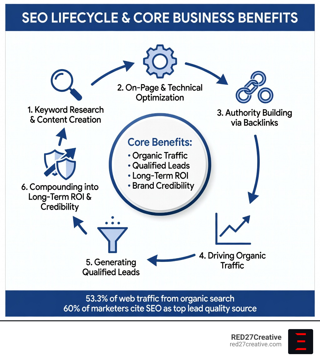 Infographic showing the SEO lifecycle and its core business benefits: starting with keyword research and content creation, flowing through on-page and technical optimization, building authority via backlinks, driving organic traffic, generating qualified leads, and compounding into long-term ROI and brand credibility — with key stats like 53.3% of web traffic from organic search and 60% of marketers citing SEO as their top lead quality source - benefits of seo for website infographic Infographic showing the SEO lifecycle and its core business benefits: starting with keyword research and content creation, flowing through on-page and technical optimization, building authority via backlinks, driving organic traffic, generating qualified leads, and compounding into long-term ROI and brand credibility — with key stats like 53.3% of web traffic from organic search and 60% of marketers citing SEO as their top lead quality source - benefits of seo for website infographic