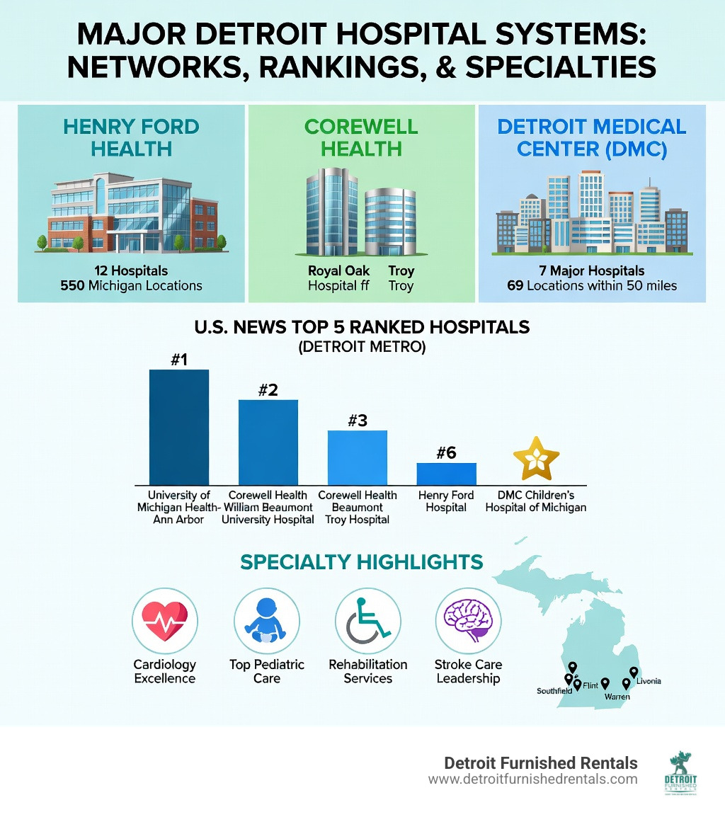 Infographic mapping major Detroit hospital systems: three main health networks (Henry Ford Health with 12 hospitals and 550 Michigan locations, Detroit Medical Center with 7 major hospitals and 69 locations within 50 miles, and Corewell Health with top-ranked Royal Oak and Troy campuses), U.S. News top 5 ranked hospitals in the metro, specialty highlights including cardiology, pediatrics, rehabilitation, and stroke care, and metro coverage cities including Ann Arbor, Flint, Livonia, Southfield, and Warren - detroit area hospitals infographic 