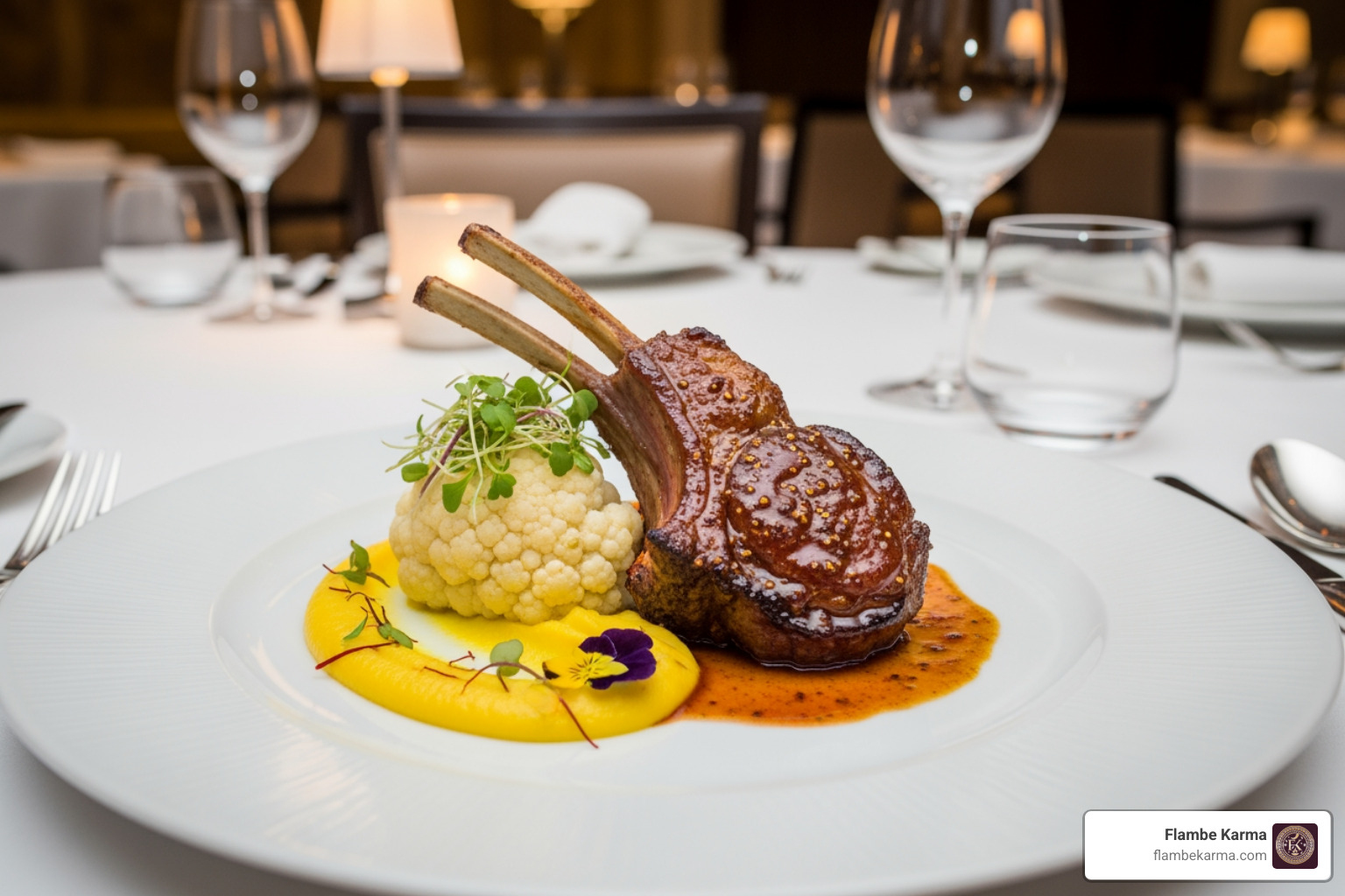 A beautifully plated Indian French fusion dish featuring a succulent lamb chop glazed with a spiced reduction, served alongside a vibrant saffron-infused cauliflower purée and garnished with microgreens and edible flowers - Indian French restaurant
