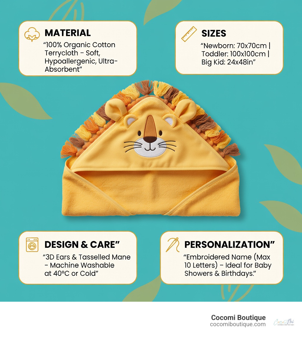 Infographic showing the key benefits of lion print hooded towels for infants: soft 100% cotton material, sizes from 70x70cm for newborns to 24x48 inches for big kids, 3D lion ears and tasselled mane design, machine washable care, personalization with embroidered name, and gifting suitability for baby showers and birthdays - hooded towel for lion print infographic 