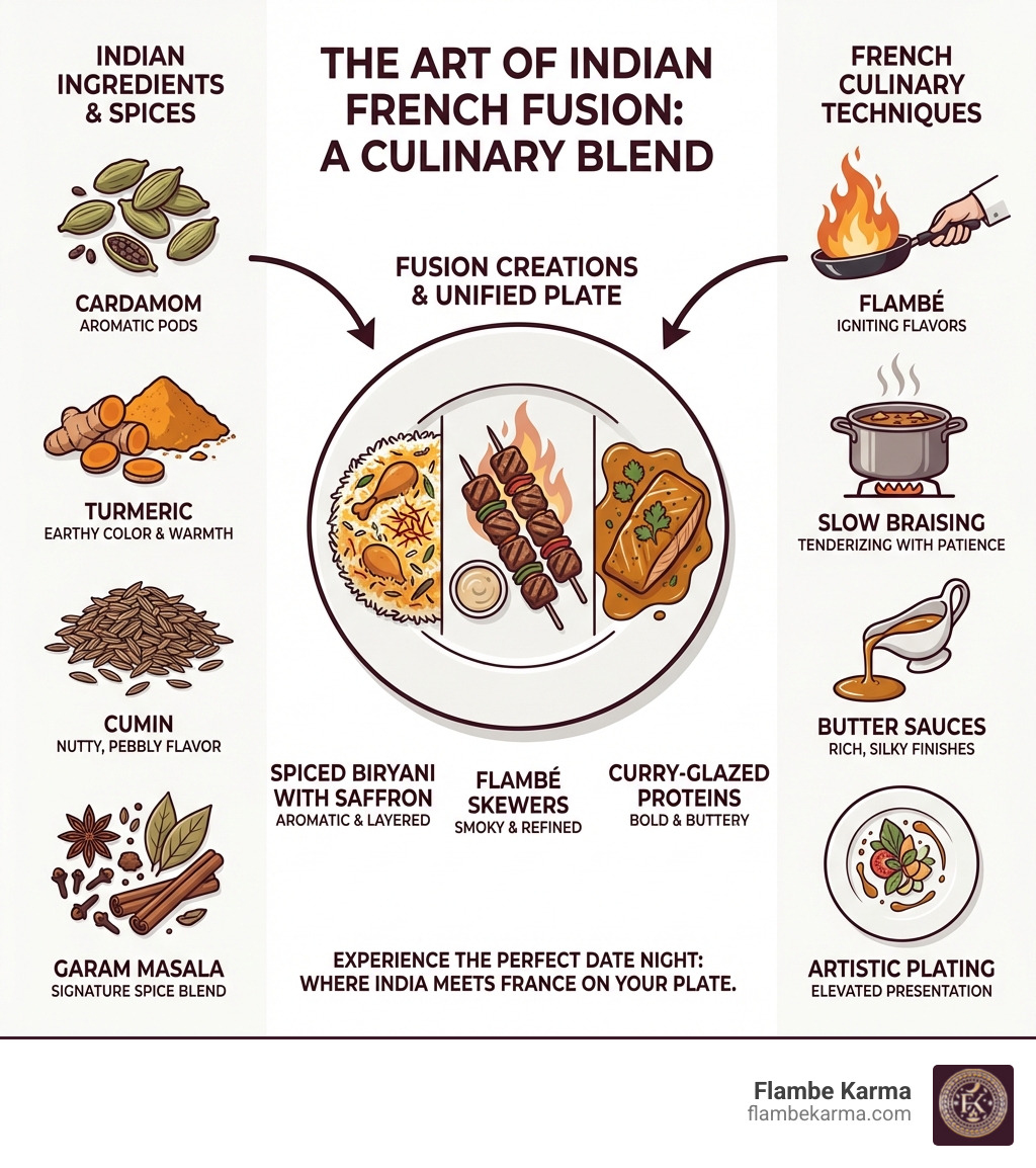 Infographic showing the blend of Indian spices and French culinary traditions: left side shows Indian ingredients like cardamom, turmeric, cumin, and garam masala; right side shows French techniques like flambé, slow braising, butter sauces, and artistic plating; center shows fusion dishes like spiced biryani with saffron, flambé skewers, and curry-glazed proteins, with arrows connecting the two culinary worlds into a unified plate - Indian French restaurant infographic 