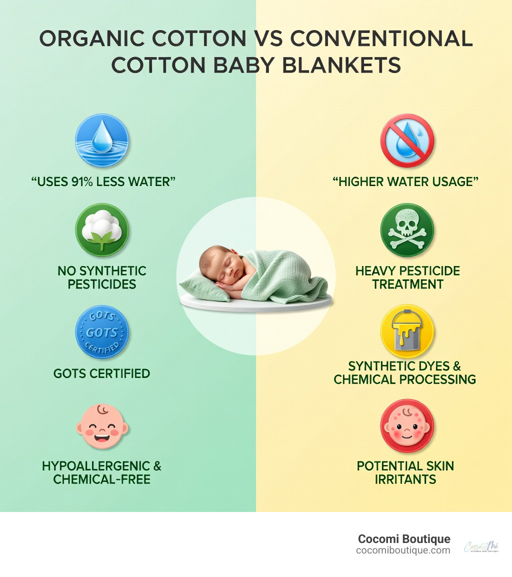 Infographic comparing organic cotton vs conventional cotton baby blankets: organic uses 91% less water, no synthetic pesticides, GOTS and OEKO-TEX certified, hypoallergenic and chemical-free vs conventional cotton using heavy pesticide treatment, synthetic dyes, chemical processing, higher water usage, and potential skin irritants - organic cotton baby blankets infographic 