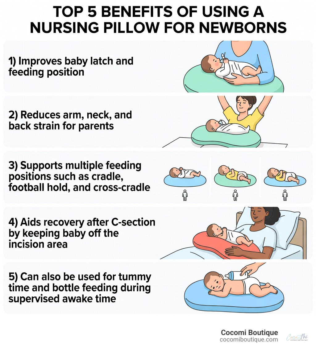 Infographic showing the top 5 benefits of using a nursing pillow for newborns: 1) Improves baby latch and feeding position, 2) Reduces arm, neck, and back strain for parents, 3) Supports multiple feeding positions such as cradle, football hold, and cross-cradle, 4) Aids recovery after C-section by keeping baby off the incision area, 5) Can also be used for tummy time and bottle feeding during supervised awake time - nursing pillow for newborn infographic 