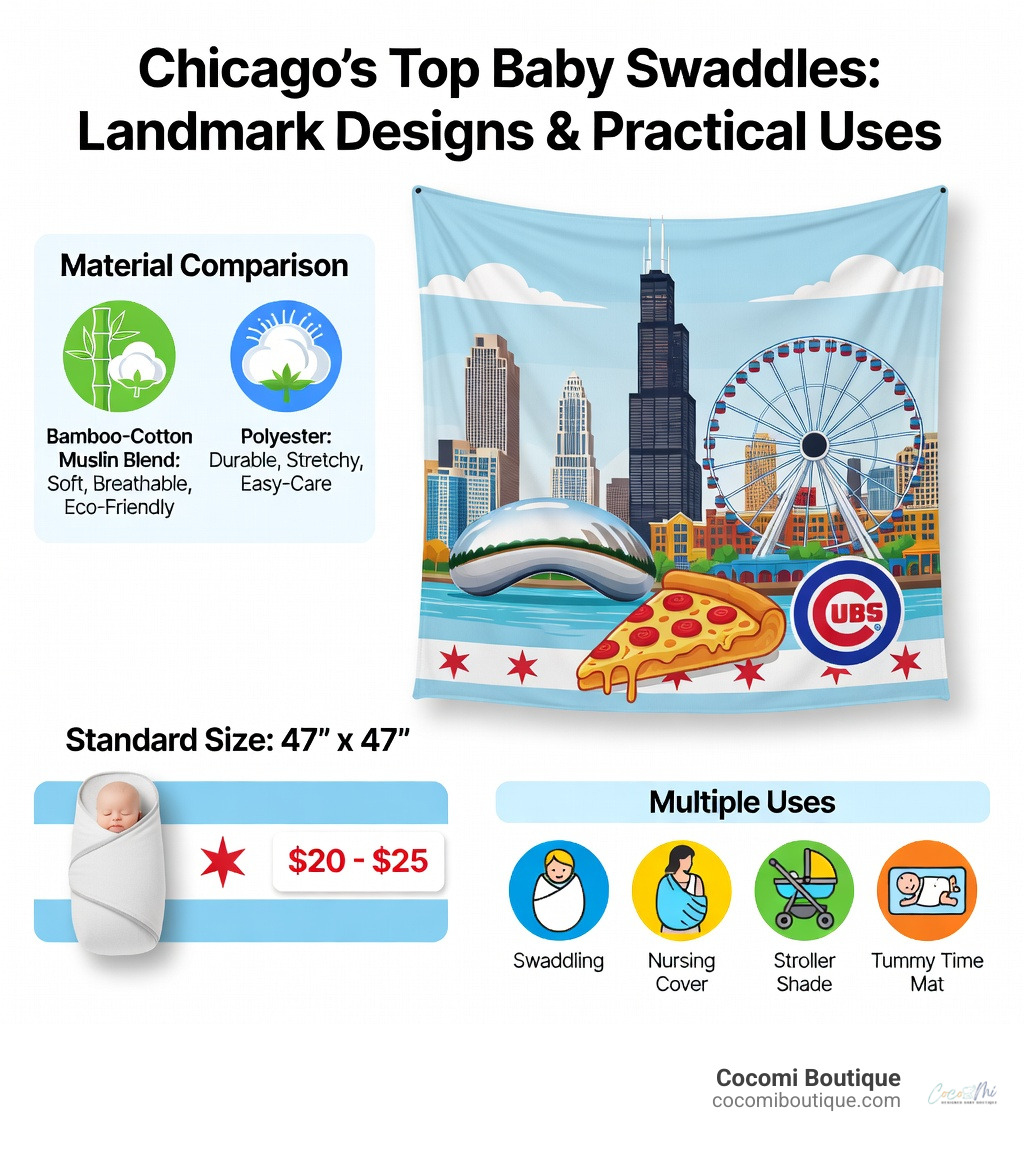 Infographic showing the top Chicago-themed baby swaddles with icons for each landmark design (The Bean, Willis Tower, Navy Pier, deep-dish pizza, Cubs logo), material comparison between muslin bamboo-cotton blend and polyester, standard 47x47 inch size, price range from $20 to $25, and multiple uses including swaddling, nursing cover, stroller shade, and tummy time mat - baby swaddles Chicago infographic 