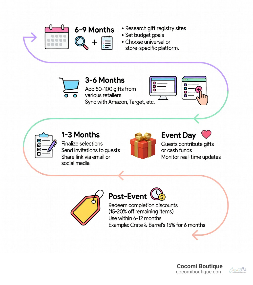 Timeline for creating a gift registry, showing steps from 6-9 months before the event through to post-event completion discount usage - gift registry sites infographic 