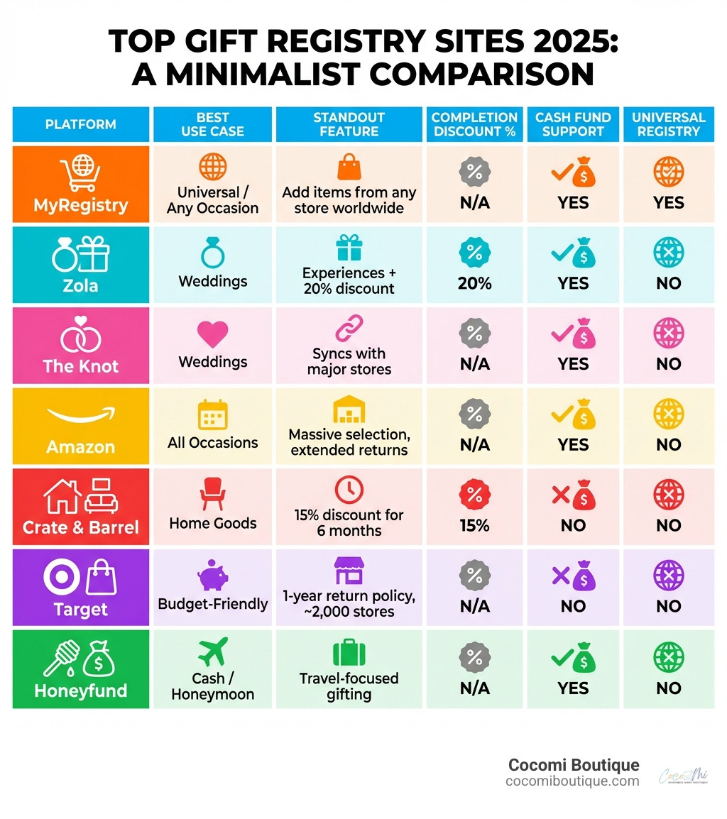 Infographic showing a comparison of top gift registry sites in 2026, including MyRegistry, Zola, The Knot, Amazon, Crate and Barrel, Target, and Honeyfund, with columns for best use case, standout feature, completion discount percentage, cash fund support yes or no, and universal registry yes or no, laid out in a clean modern style with icons for each platform - gift registry sites infographic 
