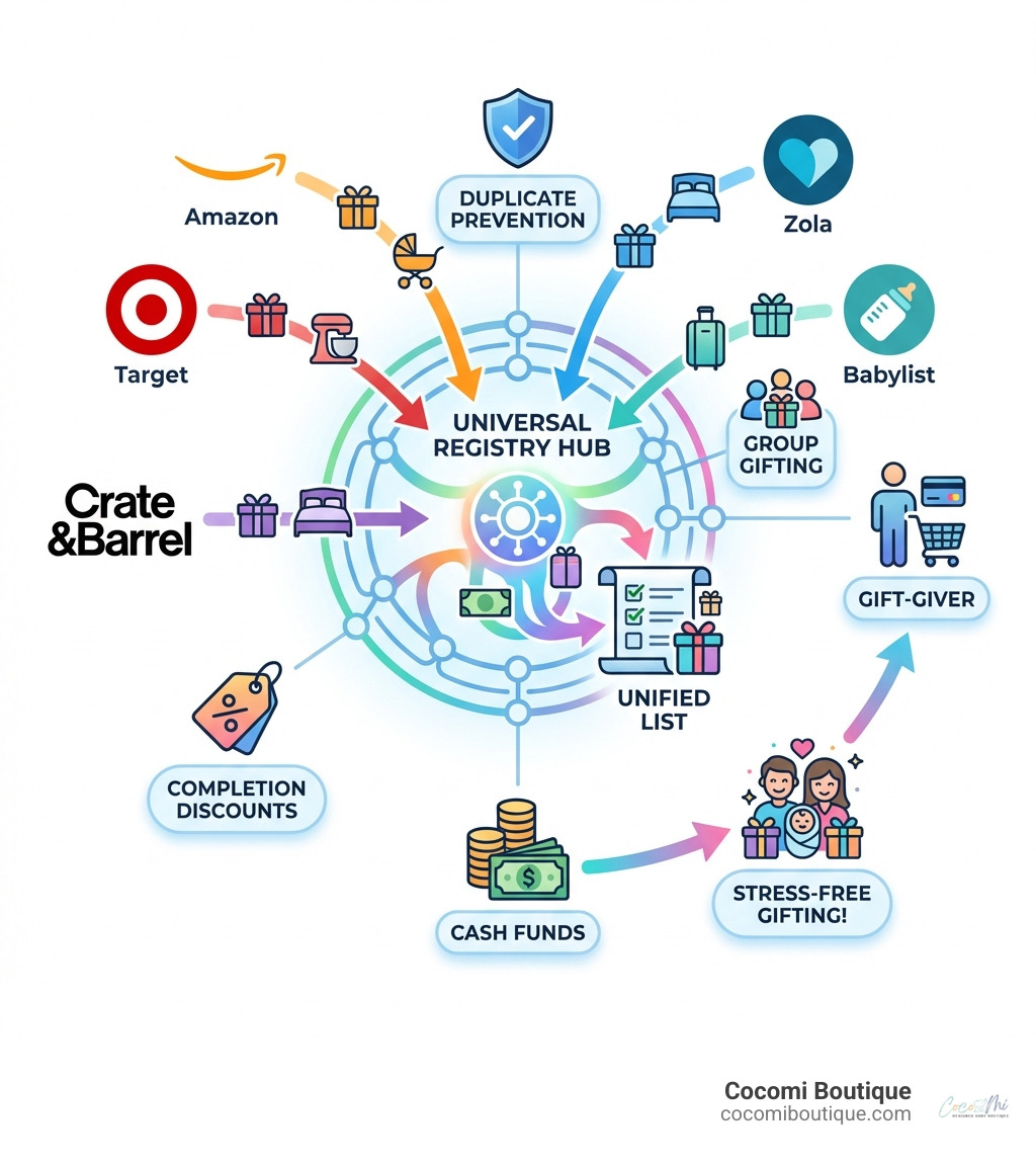 Infographic showing how universal gift registries work: a central registry hub connects to multiple store logos (Amazon, Target, Crate & Barrel, Zola, Babylist), with arrows showing items flowing into one unified list; features like duplicate prevention, group gifting, cash funds, and completion discounts are labeled around the hub; a gift-giver icon on the right shops from the single unified list - best gift registry infographic Infographic showing how universal gift registries work: a central registry hub connects to multiple store logos (Amazon, Target, Crate & Barrel, Zola, Babylist), with arrows showing items flowing into one unified list; features like duplicate prevention, group gifting, cash funds, and completion discounts are labeled around the hub; a gift-giver icon on the right shops from the single unified list - best gift registry infographic