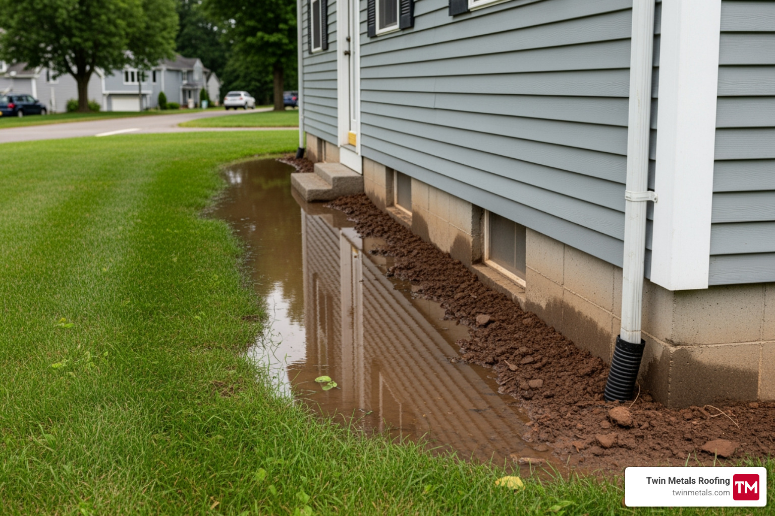 Water pooling near a home foundation due to poor drainage - gutter installation Burlington MA Water pooling near a home foundation due to poor drainage - gutter installation Burlington MA