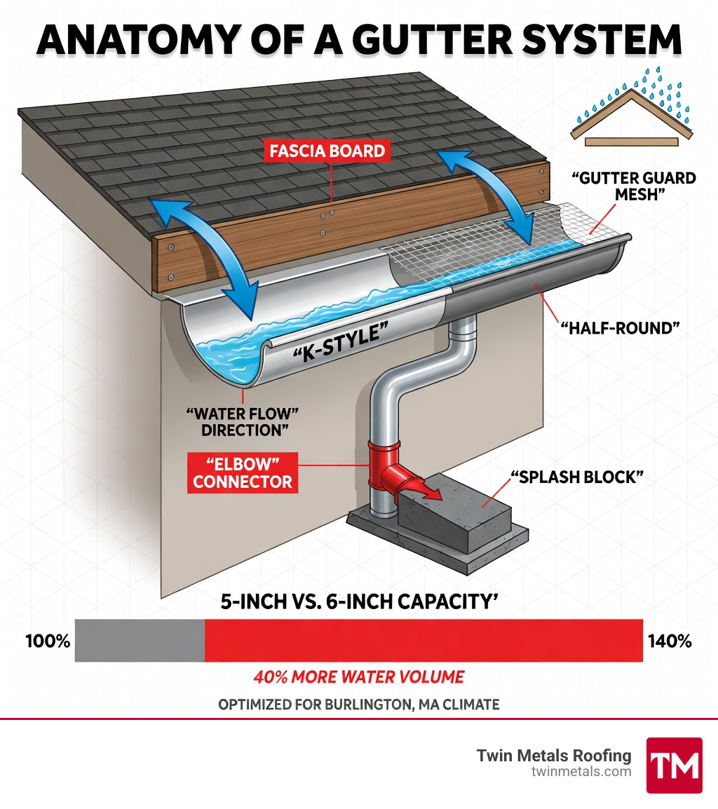 Infographic showing the anatomy of a gutter system: fascia board attachment, gutter trough (K-style vs half-round), downspout, elbow connector, splash block, gutter guard mesh on top, water flow direction arrows, and labels for 5-inch vs 6-inch capacity comparison with a note that 6-inch handles 40% more water volume - gutter installation Burlington MA infographic Infographic showing the anatomy of a gutter system: fascia board attachment, gutter trough (K-style vs half-round), downspout, elbow connector, splash block, gutter guard mesh on top, water flow direction arrows, and labels for 5-inch vs 6-inch capacity comparison with a note that 6-inch handles 40% more water volume - gutter installation Burlington MA infographic