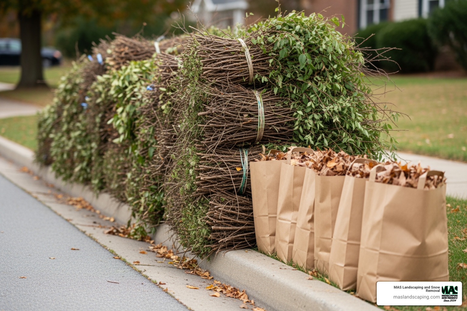 A neatly stacked pile of brush and several kraft paper bags lined up perfectly at the curb for municipal collection - leaf and brush pick up A neatly stacked pile of brush and several kraft paper bags lined up perfectly at the curb for municipal collection - leaf and brush pick up