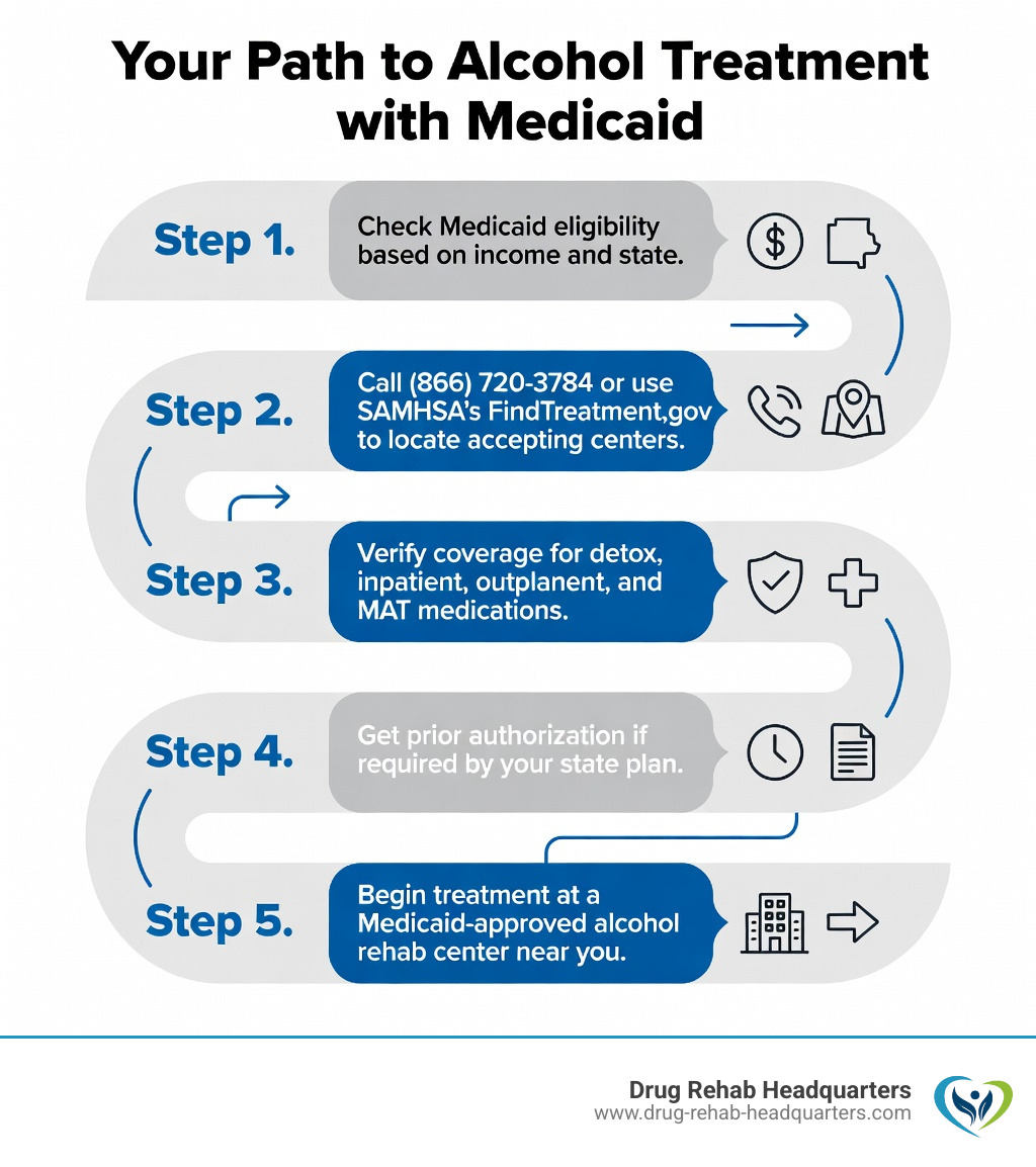 Infographic showing the step-by-step path to accessing alcohol treatment through Medicaid: Step 1 Check Medicaid eligibility based on income and state; Step 2 Call (866) 720-3784 or use SAMHSA's FindTreatment.gov to locate accepting centers; Step 3 Verify coverage for detox, inpatient, outpatient, and MAT medications; Step 4 Get prior authorization if required by your state plan; Step 5 Begin treatment at a Medicaid-approved alcohol rehab center near you - medicaid alcohol treatment centers infographic 