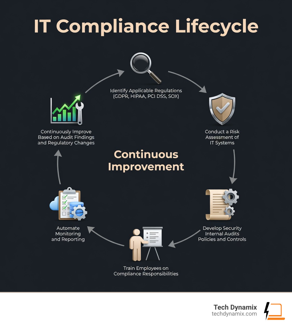 Infographic showing the IT compliance lifecycle: Step 1 - Identify applicable regulations (GDPR, HIPAA, PCI DSS, SOX); Step 2 - Conduct a risk assessment of IT systems; Step 3 - Develop security policies and controls; Step 4 - Train employees on compliance responsibilities; Step 5 - Perform internal audits; Step 6 - Automate monitoring and reporting; Step 7 - Continuously improve based on audit findings and regulatory changes; with icons for each step arranged in a circular lifecycle diagram - IT compliance infographic Infographic showing the IT compliance lifecycle: Step 1 - Identify applicable regulations (GDPR, HIPAA, PCI DSS, SOX); Step 2 - Conduct a risk assessment of IT systems; Step 3 - Develop security policies and controls; Step 4 - Train employees on compliance responsibilities; Step 5 - Perform internal audits; Step 6 - Automate monitoring and reporting; Step 7 - Continuously improve based on audit findings and regulatory changes; with icons for each step arranged in a circular lifecycle diagram - IT compliance infographic