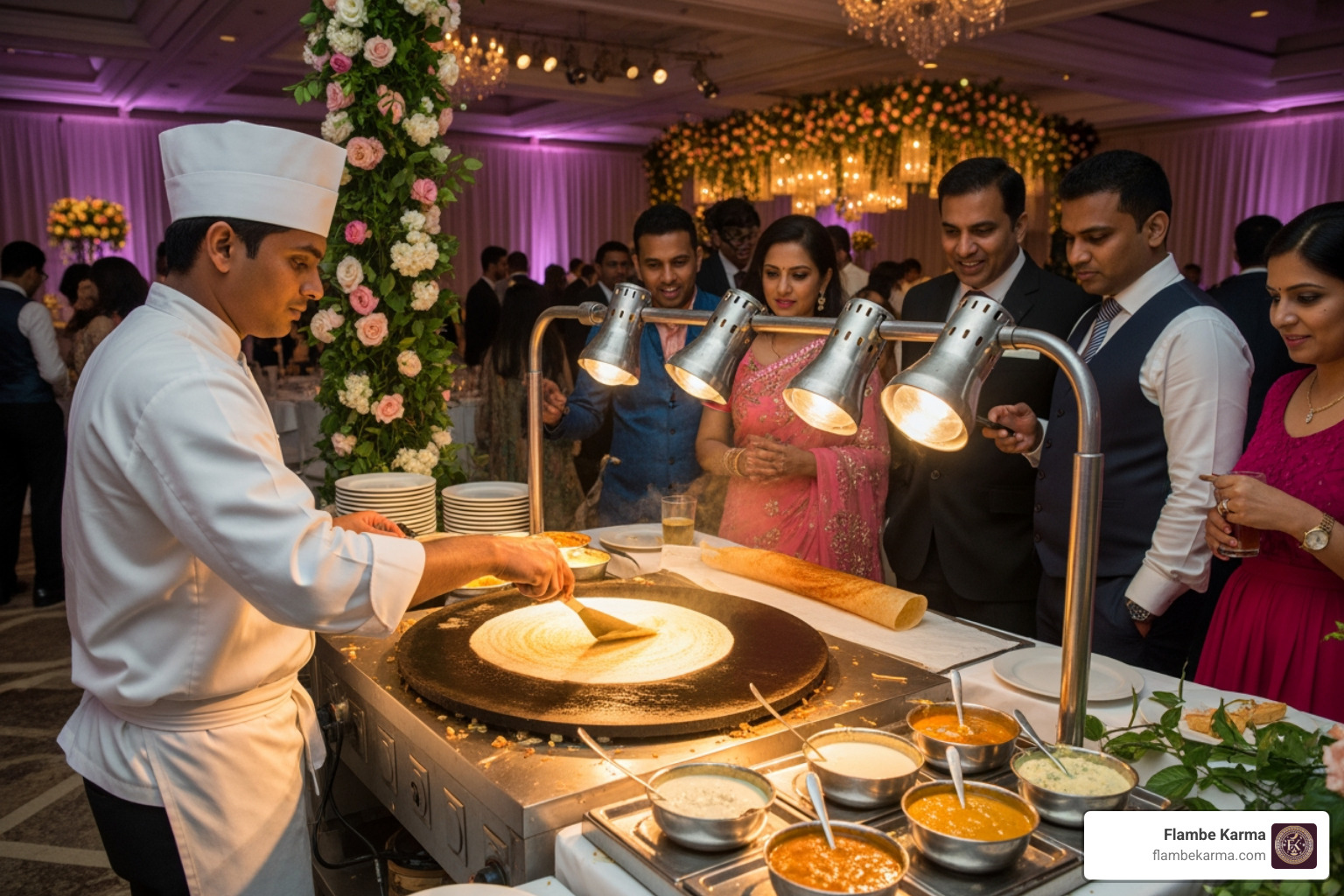 A vibrant live dosa station at a high-end wedding event, where a chef in a clean uniform is expertly spreading thin batter on a large hot griddle while guests watch with interest - south indian catering