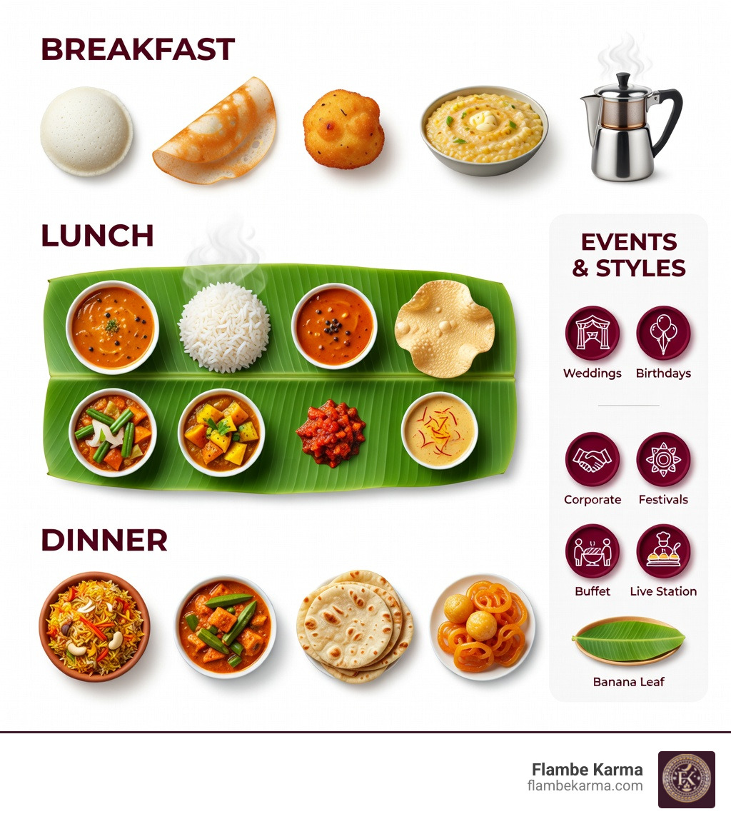 Infographic showing the structure of a traditional South Indian catering spread: top section labeled 'Breakfast' with idli, dosa, vada, pongal, and filter coffee; middle section labeled 'Lunch' showing a banana leaf thali with rice, sambar, rasam, two vegetable curries, pickle, papad, and payasam; bottom section labeled 'Dinner' featuring biryani, curries, breads, and sweets; a sidebar highlights event types (weddings, birthdays, corporate, festivals) and serving styles (buffet, live station, banana leaf) - south indian catering infographic 