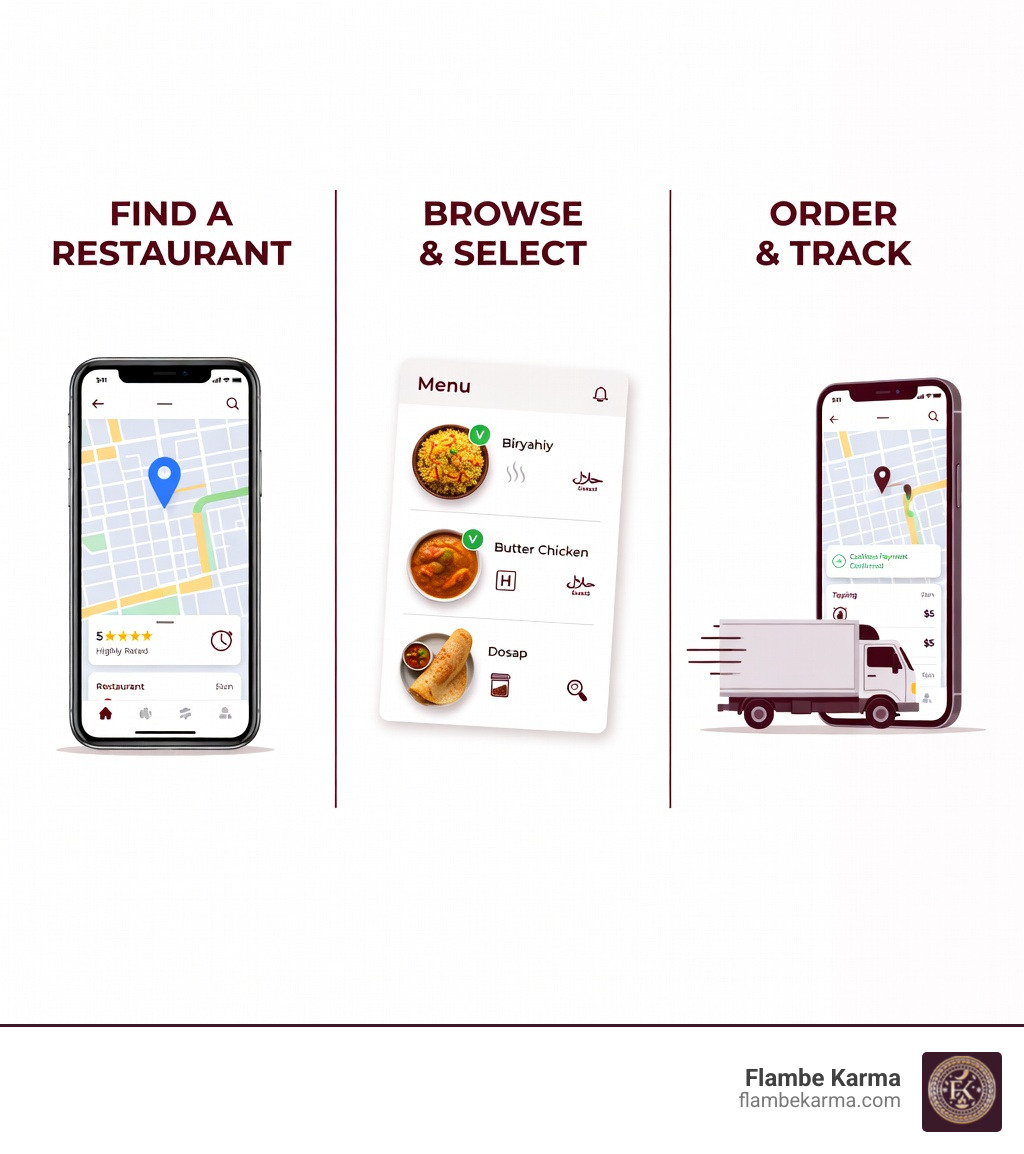 Infographic showing a 3-step online ordering process for Indian food: Step 1 - Find a highly rated local Indian restaurant on a delivery app or website; Step 2 - Browse the menu and select dishes like biryani, butter chicken, or dosa, checking for dietary options like vegetarian or halal; Step 3 - Place your order online, pay cashlessly, track delivery in real time, and tip your driver through the app - order indian food infographic 
