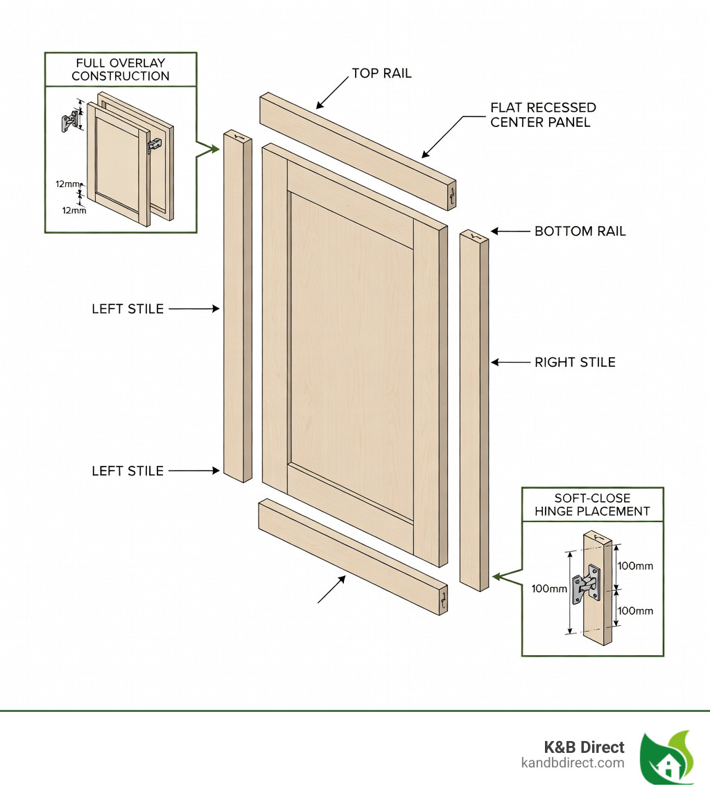 Infographic showing the anatomy of a Shaker cabinet door, labeling the top rail, bottom rail, left stile, right stile, and flat recessed center panel, with callouts for full overlay construction, five-piece door design, and soft-close hinge placement - White shaker cabinets infographic 
