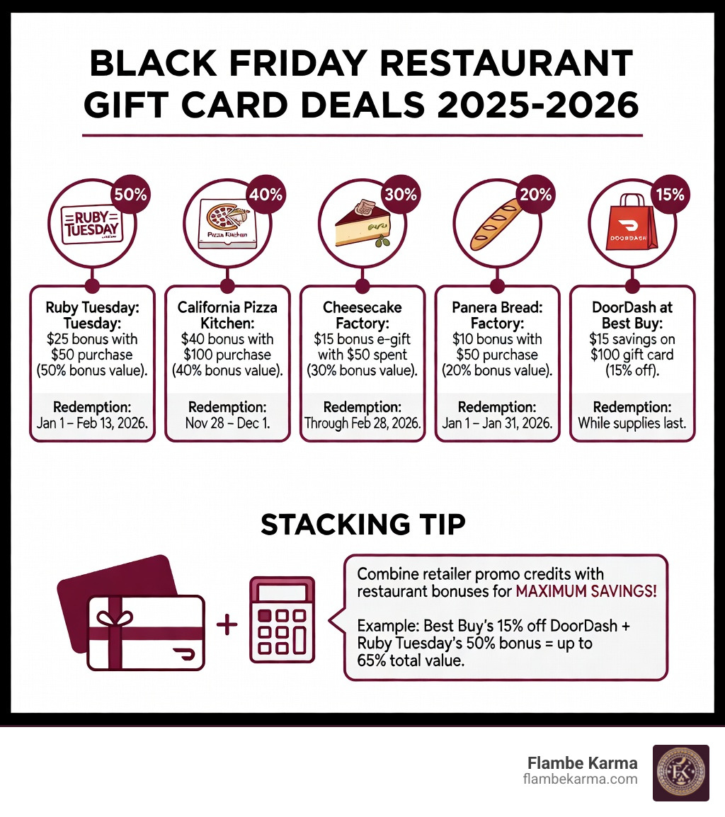 Infographic showing Black Friday restaurant gift card deal comparison: typical bonus tiers include 50% bonus ($25 free on $50), 40% bonus ($40 free on $100), 30% bonus ($15 free on $50), 20% bonus ($10 free on $50), and retailer discounts like DoorDash at Best Buy 15% off ($15 saved on $100), with redemption windows for each ranging from January through February 2026, plus a stacking tip showing how to combine retailer promo credits with restaurant bonuses for maximum savings - restaurant black friday gift card deals infographic 