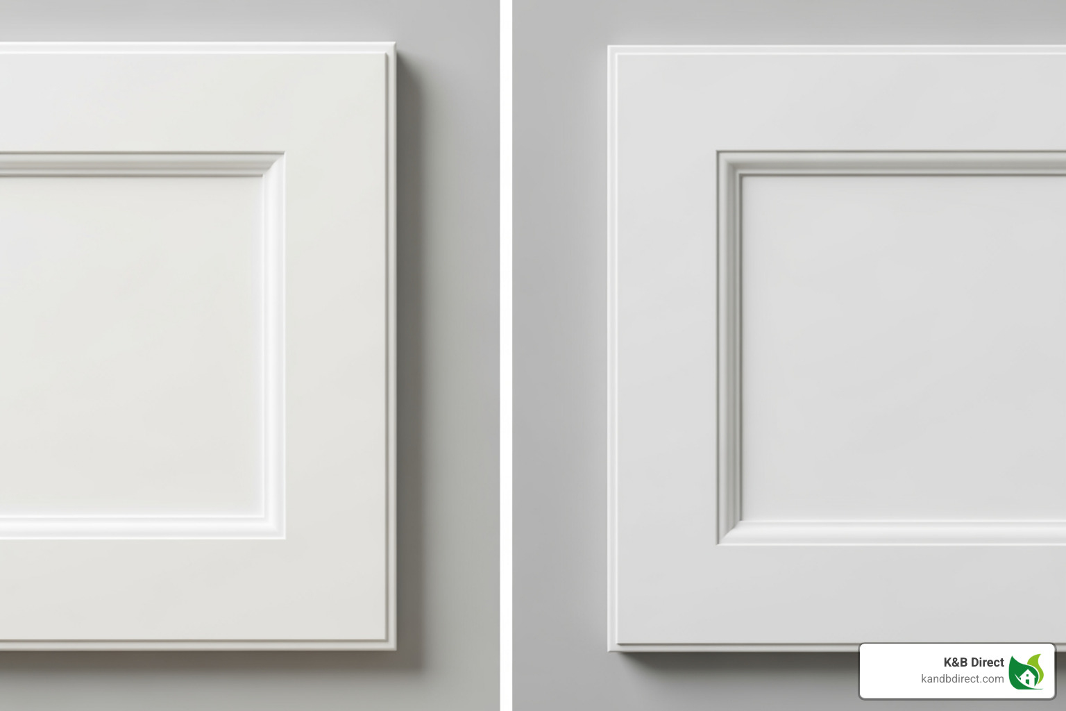 Image comparing a traditional Shaker door with 3-inch rails to a Slim Shaker door with 1-inch rails, showing how the slim profile creates a more delicate, modern look - White shaker cabinets