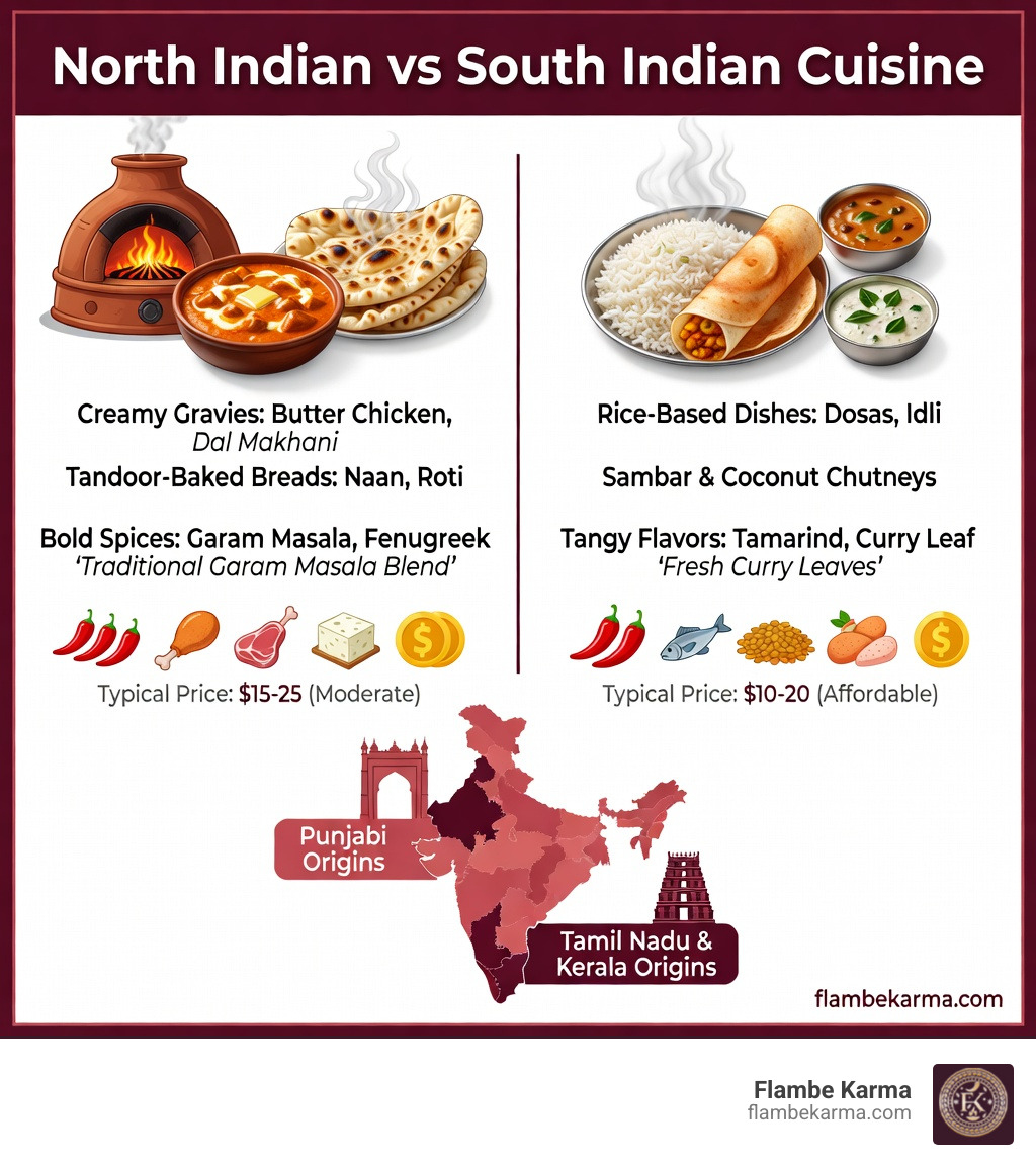 Infographic comparing North Indian vs South Indian cuisine: North Indian features creamy gravies like butter chicken and dal makhani, tandoor-baked breads like naan and roti, bold spices like garam masala and fenugreek, and Punjabi origins; South Indian features rice-based dishes like dosas and idli, sambar and coconut chutneys, tamarind and curry leaf flavors, and Tamil Nadu and Kerala origins; both columns show spice heat level, common proteins, and typical price range for pickup orders - best indian food near me infographic 