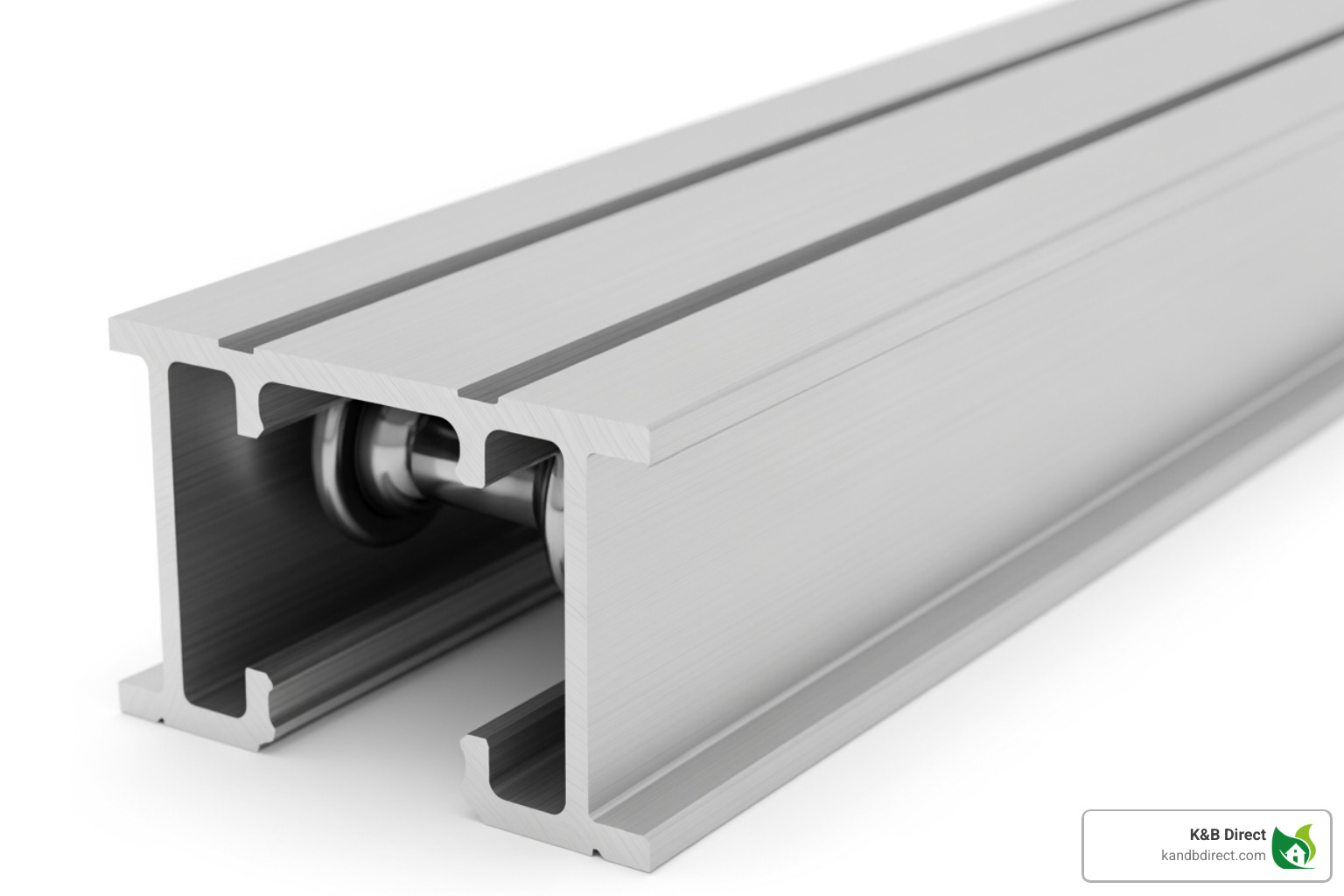 A close-up of a commercial grade extruded aluminum track for heavy duty bi-fold door hardware, showing the thick walls and precise grooves for ball bearing rollers - heavy duty bi-fold door hardware A close-up of a commercial grade extruded aluminum track for heavy duty bi-fold door hardware, showing the thick walls and precise grooves for ball bearing rollers - heavy duty bi-fold door hardware