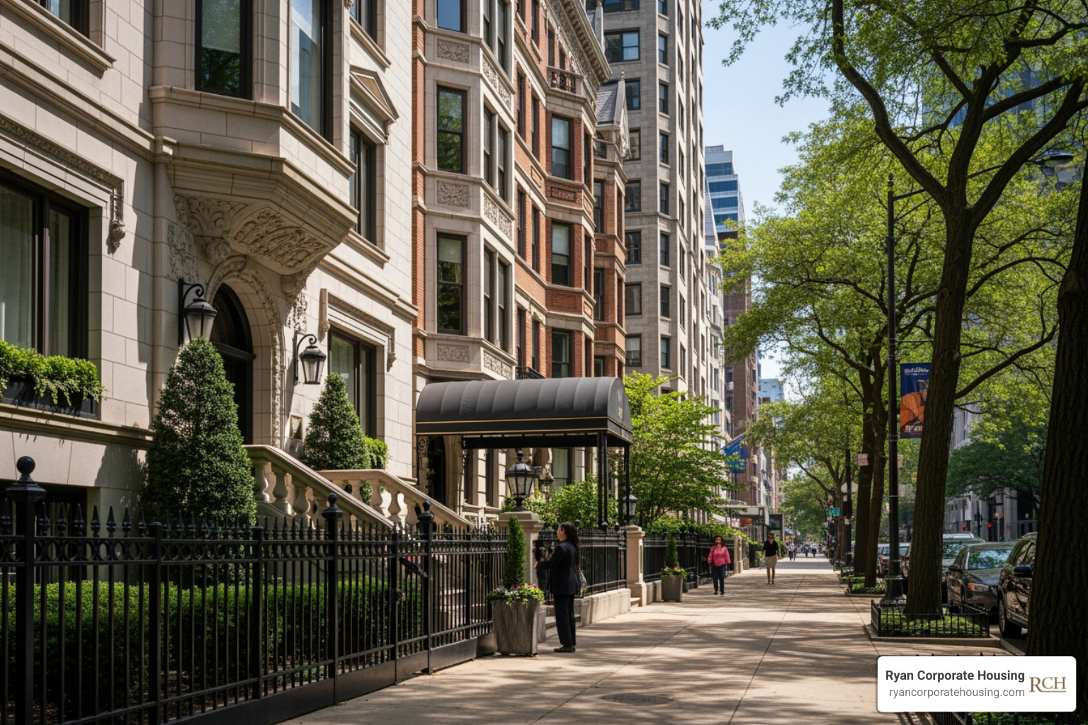 Luxury Chicago Gold Coast street view featuring historic architecture and tree-lined sidewalks near high-end residences - serviced apartments gold coast