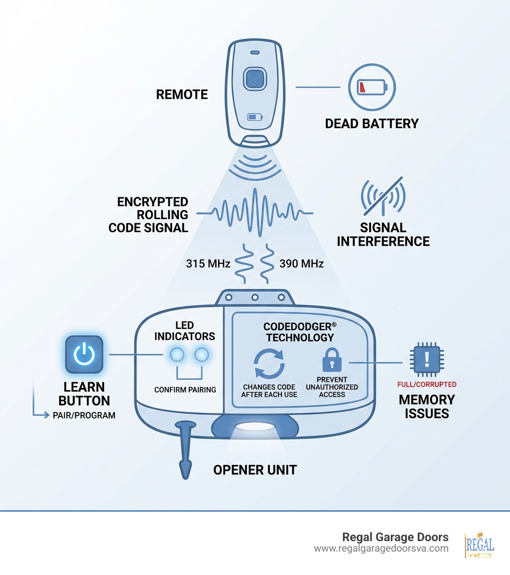 Infographic showing how an overhead garage door remote communicates with an opener: remote sends encrypted rolling code signal at 315 or 390 MHz, signal travels to opener antenna, Learn button is used to pair/program, LED indicators confirm pairing, CodeDodger technology changes the code after each use to prevent unauthorized access, common failure points labeled including dead battery, signal interference, and memory issues - overhead garage door remote infographic 