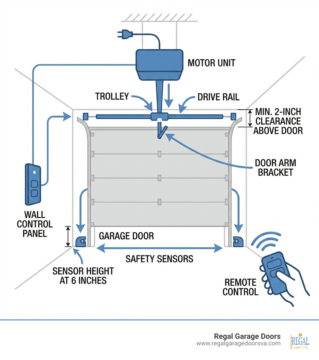Infographic showing the main components of a garage door opener system including the motor unit, drive rail, trolley, door arm bracket, safety sensors at floor level, wall control panel, and remote control, with arrows indicating how each part connects and typical installation measurements such as sensor height at 6 inches and minimum 2-inch clearance above the door - how to install garage door opener by yourself infographic Infographic showing the main components of a garage door opener system including the motor unit, drive rail, trolley, door arm bracket, safety sensors at floor level, wall control panel, and remote control, with arrows indicating how each part connects and typical installation measurements such as sensor height at 6 inches and minimum 2-inch clearance above the door - how to install garage door opener by yourself infographic