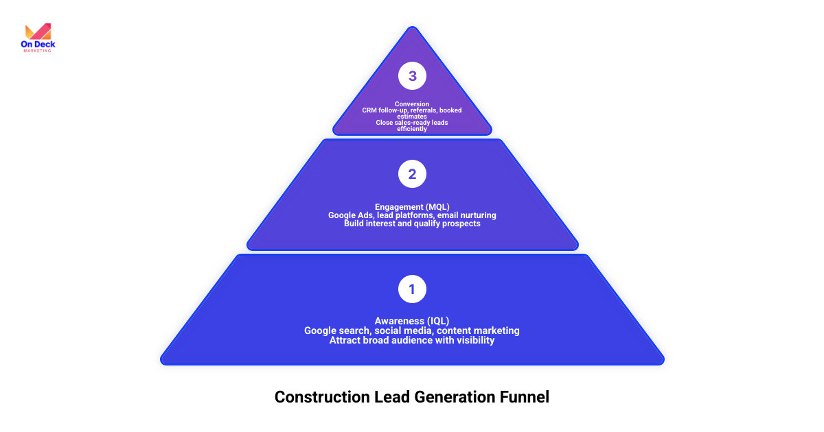 Infographic showing the construction lead generation funnel: from top-of-funnel awareness (IQL) through Google search, social media, and content marketing; to middle-of-funnel engagement (MQL) through Google Ads, Houzz Pro, and email nurturing; to bottom-of-funnel conversion through CRM follow-up, referrals, and booked estimates — with average cost per lead of $280 and key stats including 91% of homeowners trust online reviews and companies that master lead nurturing generate 50% more sales-ready leads at 33% lower cost - lead generation for construction companies infographic 3_stage_pyramid Infographic showing the construction lead generation funnel: from top-of-funnel awareness (IQL) through Google search, social media, and content marketing; to middle-of-funnel engagement (MQL) through Google Ads, Houzz Pro, and email nurturing; to bottom-of-funnel conversion through CRM follow-up, referrals, and booked estimates — with average cost per lead of $280 and key stats including 91% of homeowners trust online reviews and companies that master lead nurturing generate 50% more sales-ready leads at 33% lower cost - lead generation for construction companies infographic 3_stage_pyramid