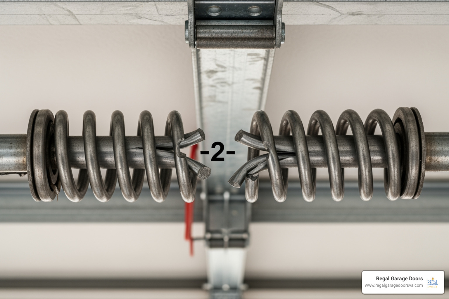 A close-up of a snapped torsion spring on a metal shaft, showing a clear 2-inch gap between the broken steel coils, indicating a complete failure that requires professional broken spring repair - broken spring repair A close-up of a snapped torsion spring on a metal shaft, showing a clear 2-inch gap between the broken steel coils, indicating a complete failure that requires professional broken spring repair - broken spring repair