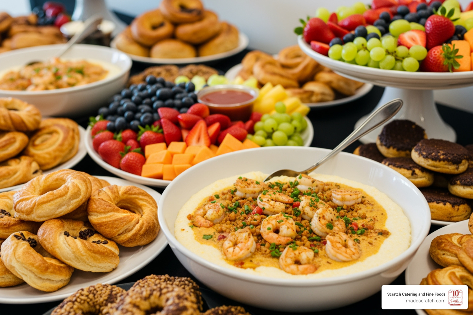 A beautifully arranged catered brunch spread featuring a large bowl of creamy shrimp and grits as the centerpiece, surrounded by fresh fruit platters and breakfast pastries - shrimp and grits catering near me
